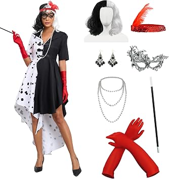 Women Black White Costume Dress, Classic Movie Cosplay Full Set with Gloves Halloween Cosplay US Size