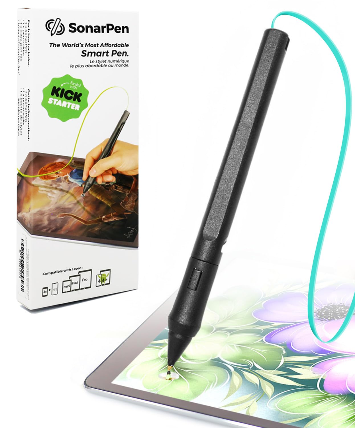 SonarPen - Pressure Sensitive Smart Stylus Pen with Palm Rejection and Shortcut Button. Battery-Less. Compatible with Apple iPad/iPhone/Android/Switch (Aqua Green)