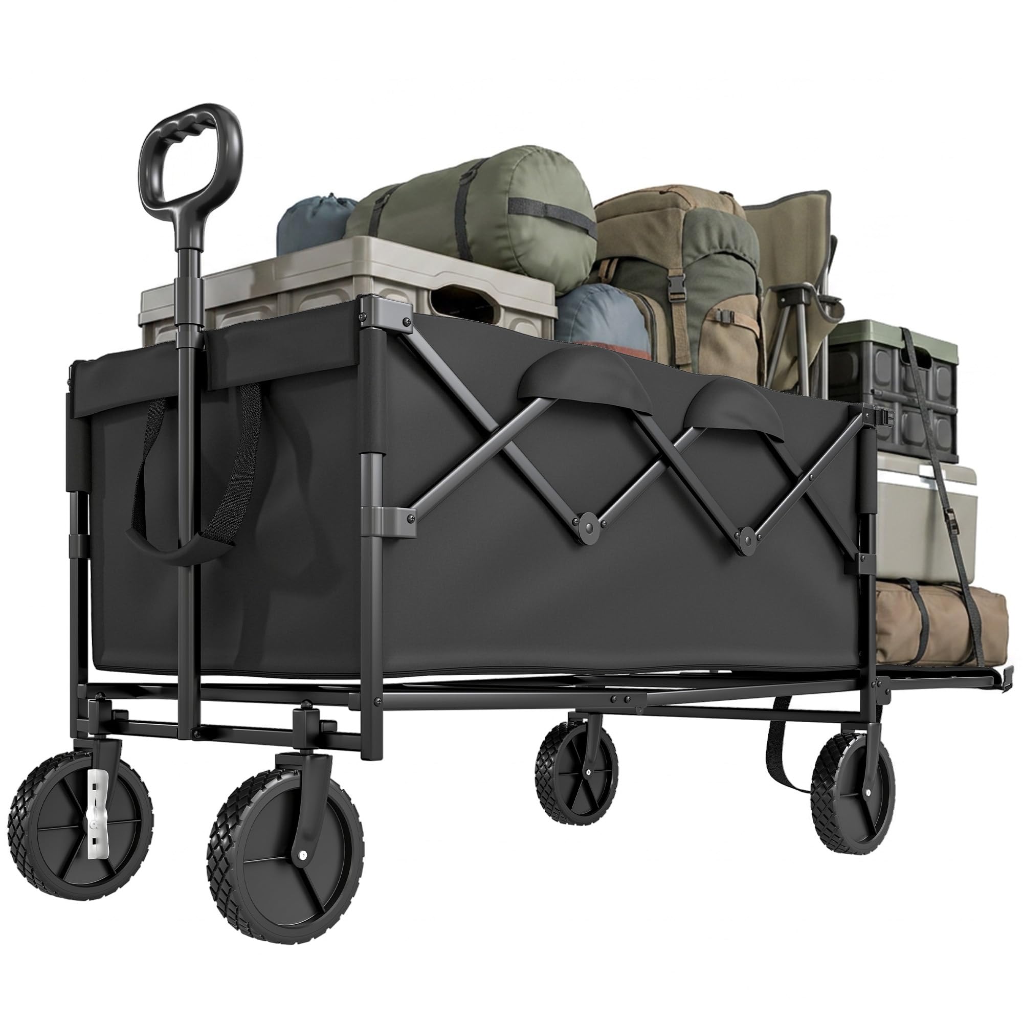 Outsunny Carrello Campeggio da 160L con 4 Ruote Girevoli, Carrello da Campeggio Pieghevole in Acciaio e Tessuto Oxford con Borsa Espandibile e Maniglia Girevole e Regolabile, 95x55x102 cm, Nero