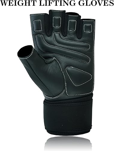 Miniatura 7 de Guantes acolchados de cuero para levantamiento de pesas para hombres y mujeres, para culturismo sin dedos, soporte de muñeca larga, entrenamiento,