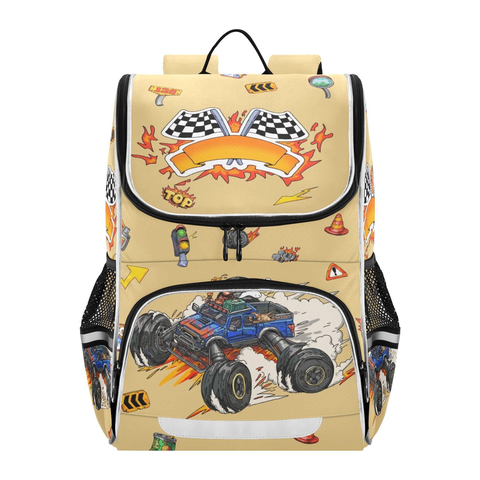 XUWU Backpack with Reflective Strip for Kids Boys Girls Elementary School Bag Removable Chest Strap (Trucks)