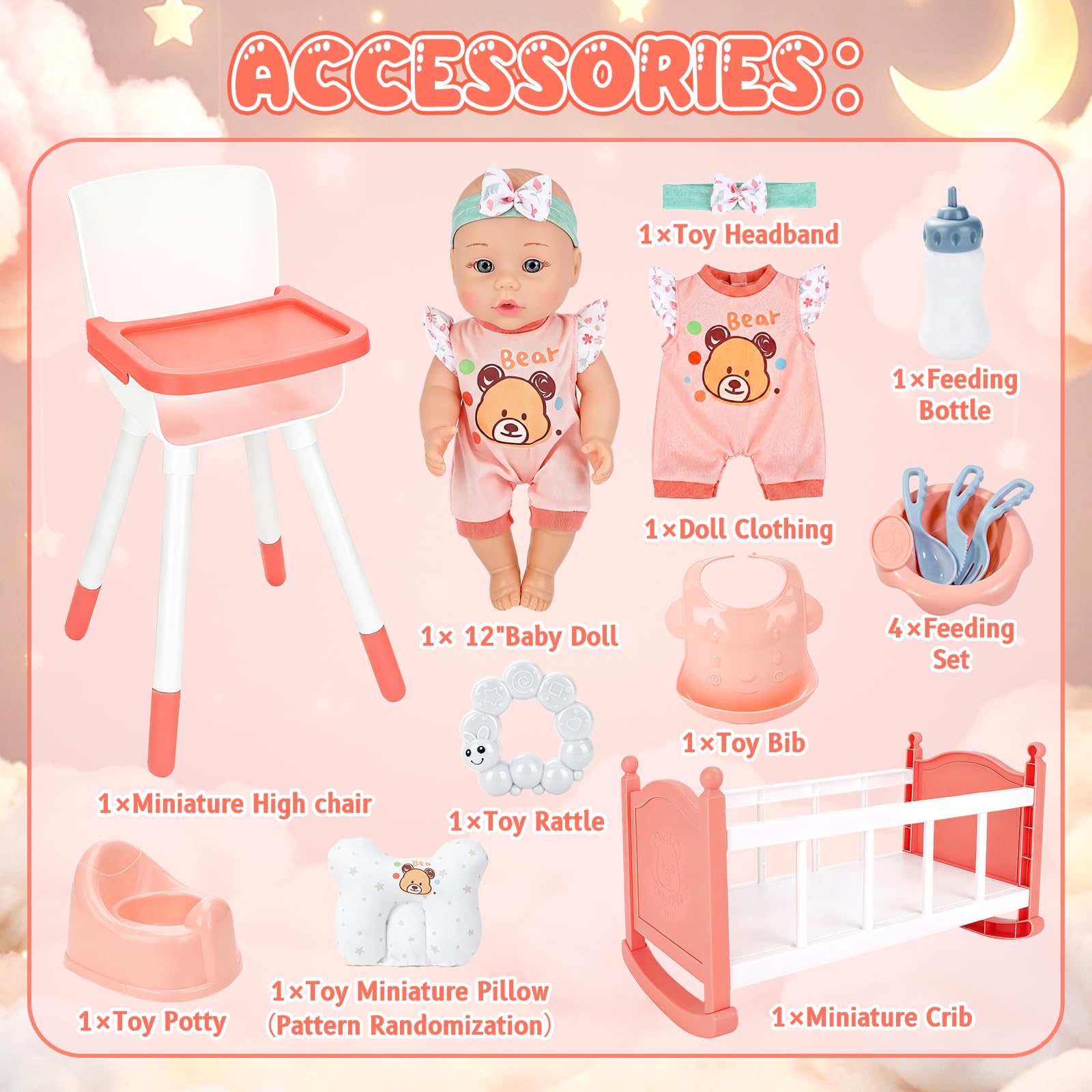 deAO Bambola con Accessori, Lettino e Seggiolone, Rosa | 30 cm Set di Giocattoli per Bambole con Giunture Mobili per Giochi di Ruolo e Regalo Bambini 3+