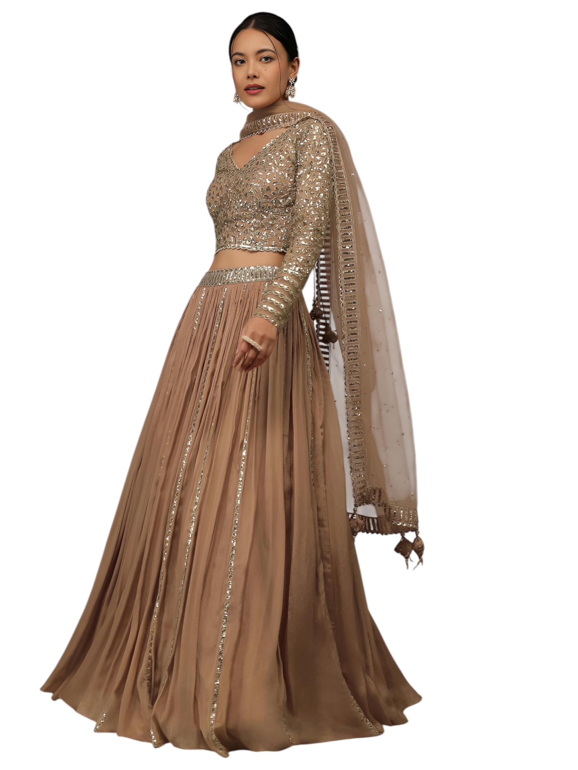 Women's Sequins Zari Embroidered Georgette Lehenga Choli With Dupatta (7090-Beige-Women-Lehenga-Choli-Latest; Free size) (Beige)-image-1