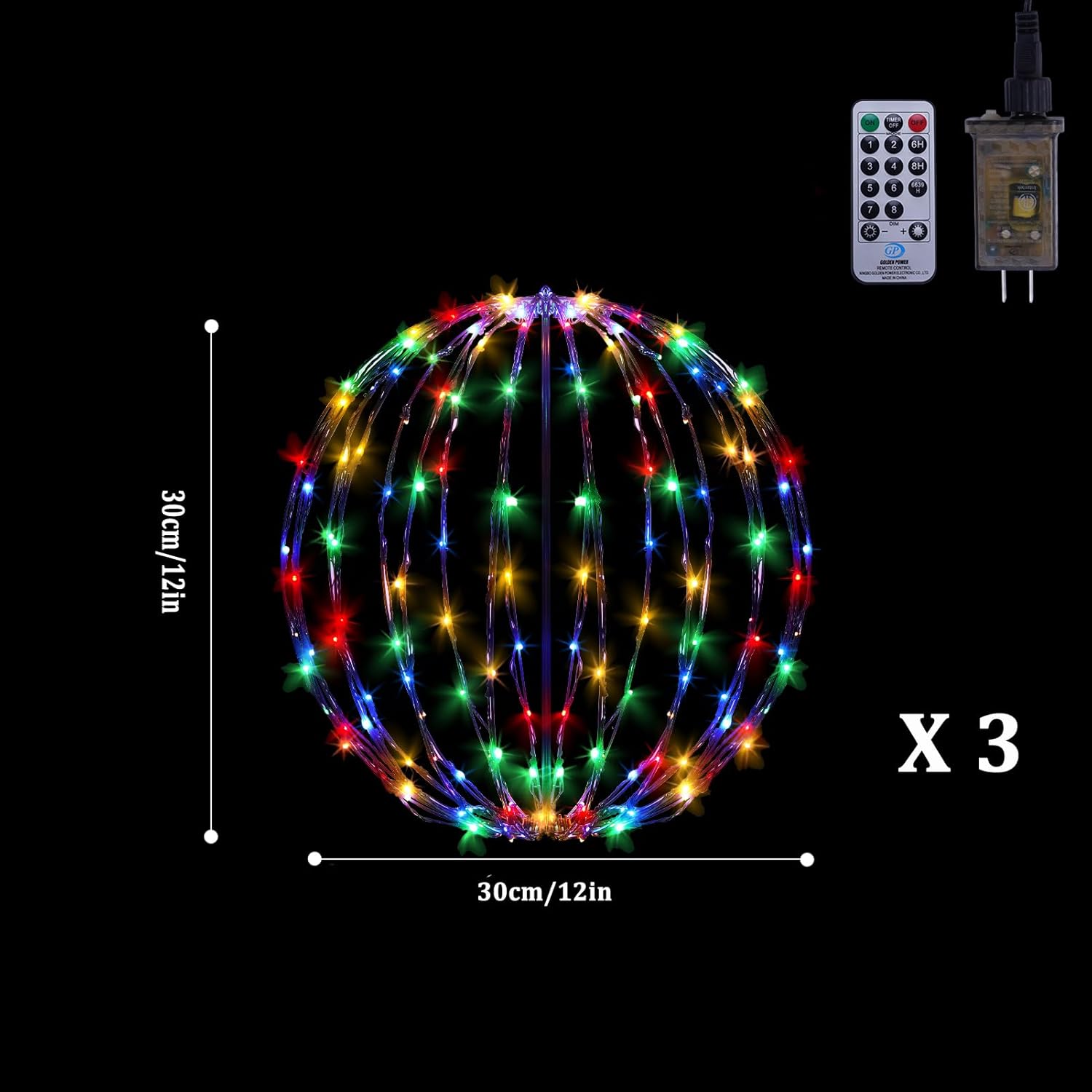 LED Light Balls Outdoor Set of 3, Hanging Tree Globe Lights with Fold Flat Metal Frame for Outside, Garden, Yard, Christmas Sphere Decoration (Multi-Color)