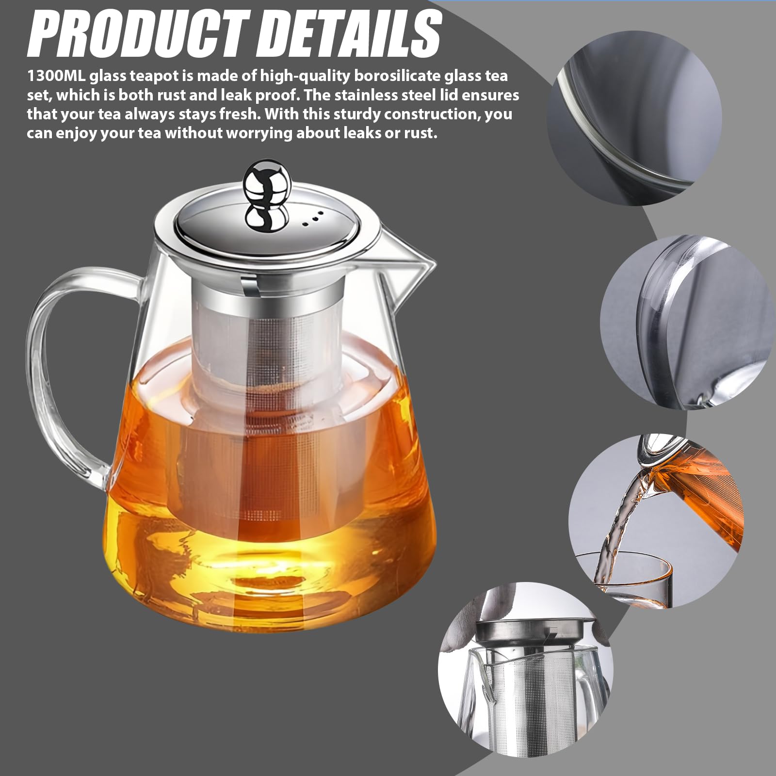 Théière En Verre Borosilicate 1300 Ml Avec Infuseur Amovible - Théière Résistante Chaleur Pour Thé En Vrac, Tisanes, Fruits - Couvercle Et Filtre Inox 304