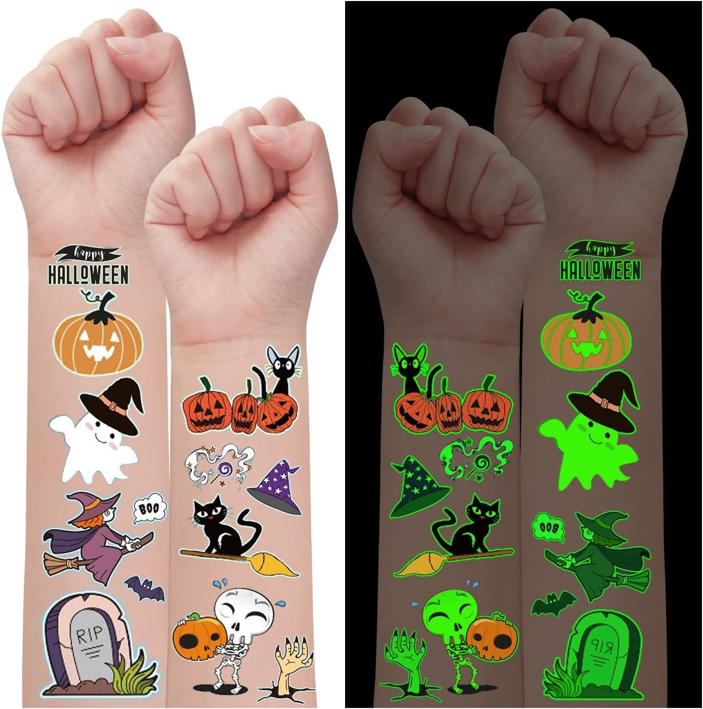 Partywind 10 Sheets Luminous Halloween Temporary Tattoos for Kids, Glow Halloween Decorations Birthday Party Favors Supplies, Halloween Fake Tattoos Goodie Bag Fillers Games Accessories for Party
