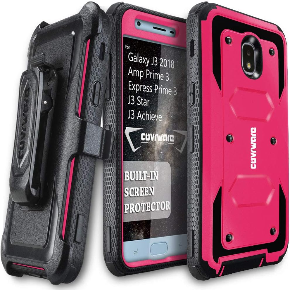 COVRWARE Aegis Series Case for Samsung Galaxy J3 2018/J3 V 3rd/Express Prime 3/Achieve/J3 Star/Orbit/Amp Prime 3 Built-in Screen Protector Heavy Duty Full-Body Armor Belt Clip Holster Case, Pink