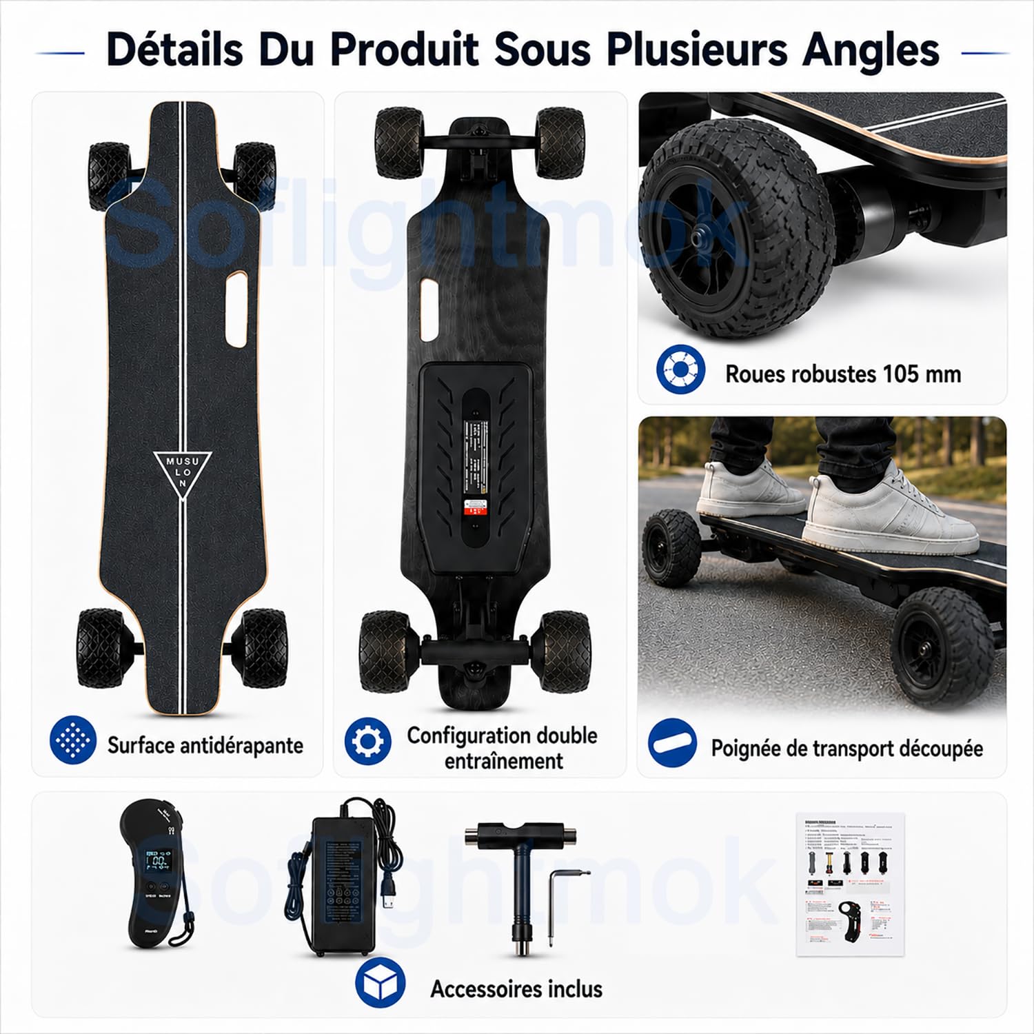 Skateboard Électrique Tout Terrain pour Adultes avec Télécommande LCD, Roues 105mm Grandes pour Campus et Balades Urbaines, Longboard Électrique Portable et Confortable, Double Moteur Stabilité