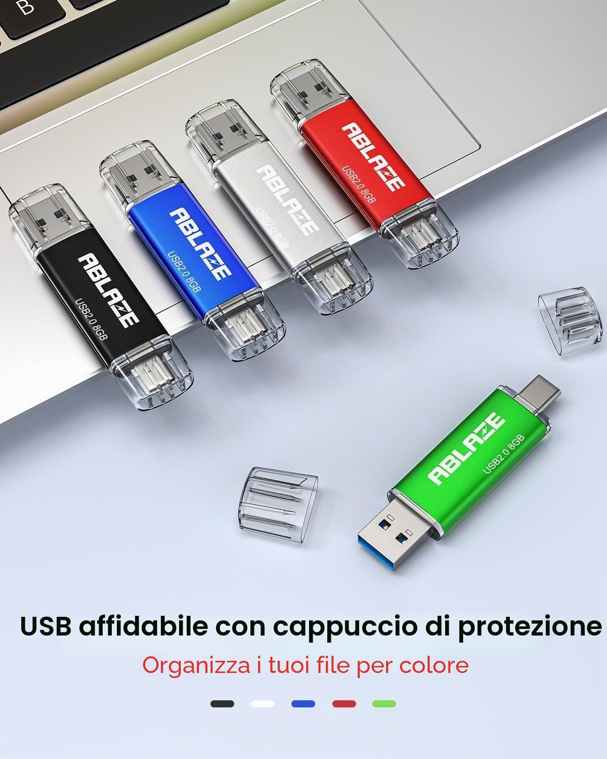 ABLAZE Chiavetta USB C da 16GB, confezione da 10 pezzi, doppia chiavetta USB 2.0, USB Type-C ad alta velocità, chiavetta di memoria thumb drive per archiviazione dati per smartphone USB C, tablet, Mac