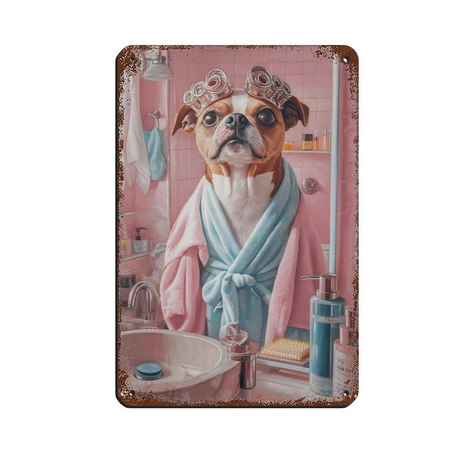 Lxwnze 20L X 30W Cm Cute Dog In Curlers Bathroom Tin Sign Vintage Metal Pub Club Cafe Bar Home Wall Art Decoration Poster Retro 8X12inch(20X30cm)