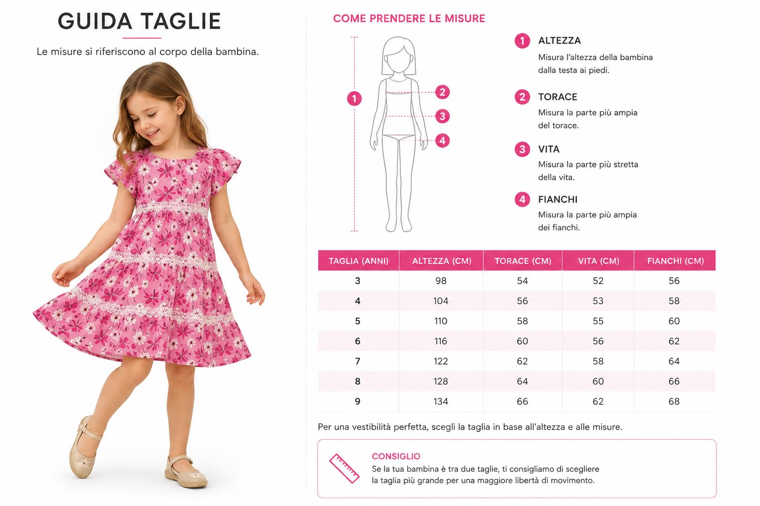 Vestito Estivo Bambina 3-9 Anni Rosa con Fantasia Floreale e Maniche ad Aletta – Abito Leggero a Balze con Dettagli in passamaneria per Vacanze e Tempo Libero, 3923
