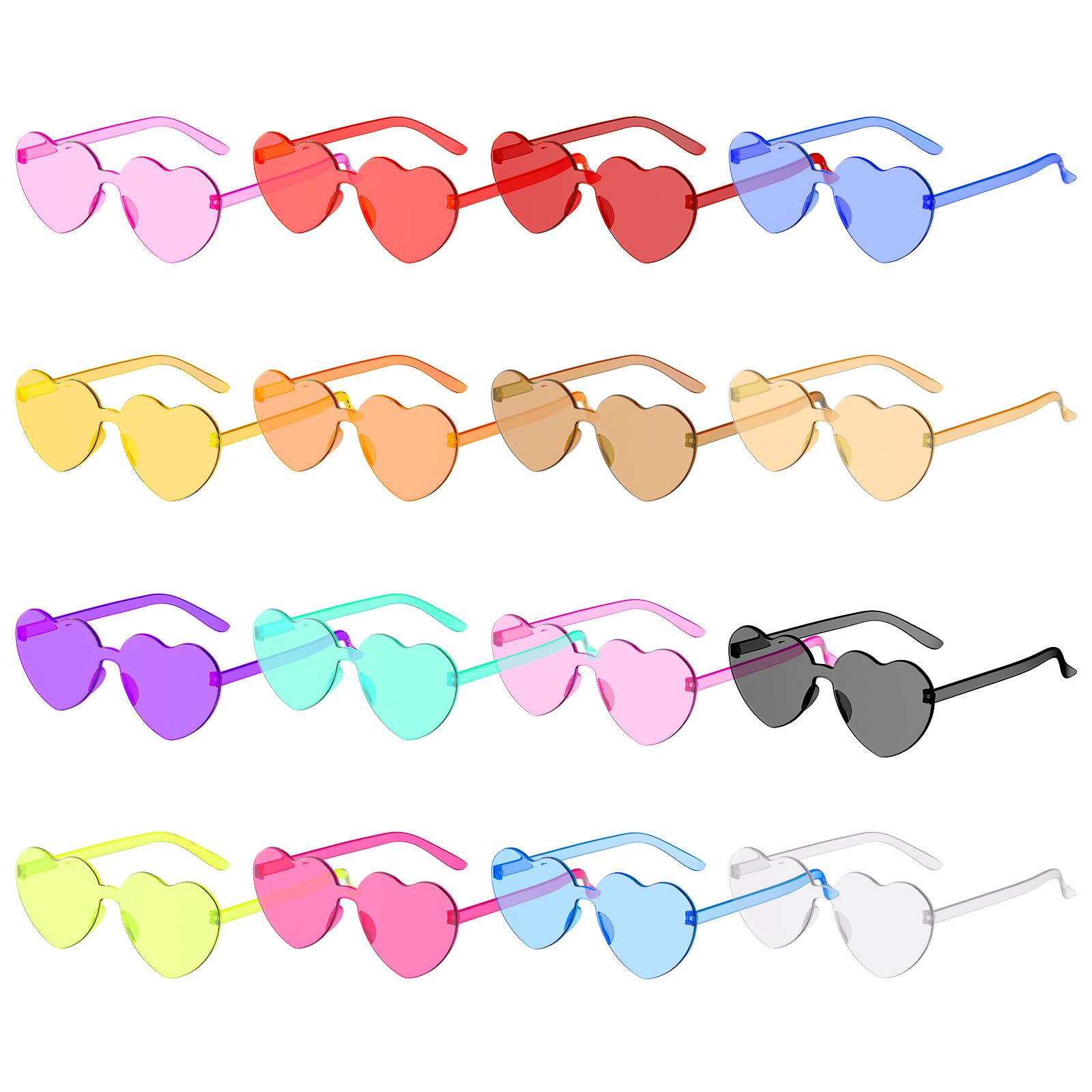 16 pares de gafas de sol sin montura en forma de corazón, gafas de sol transparentes de color caramelo, lentes tintadas, regalos de despedida de soltero