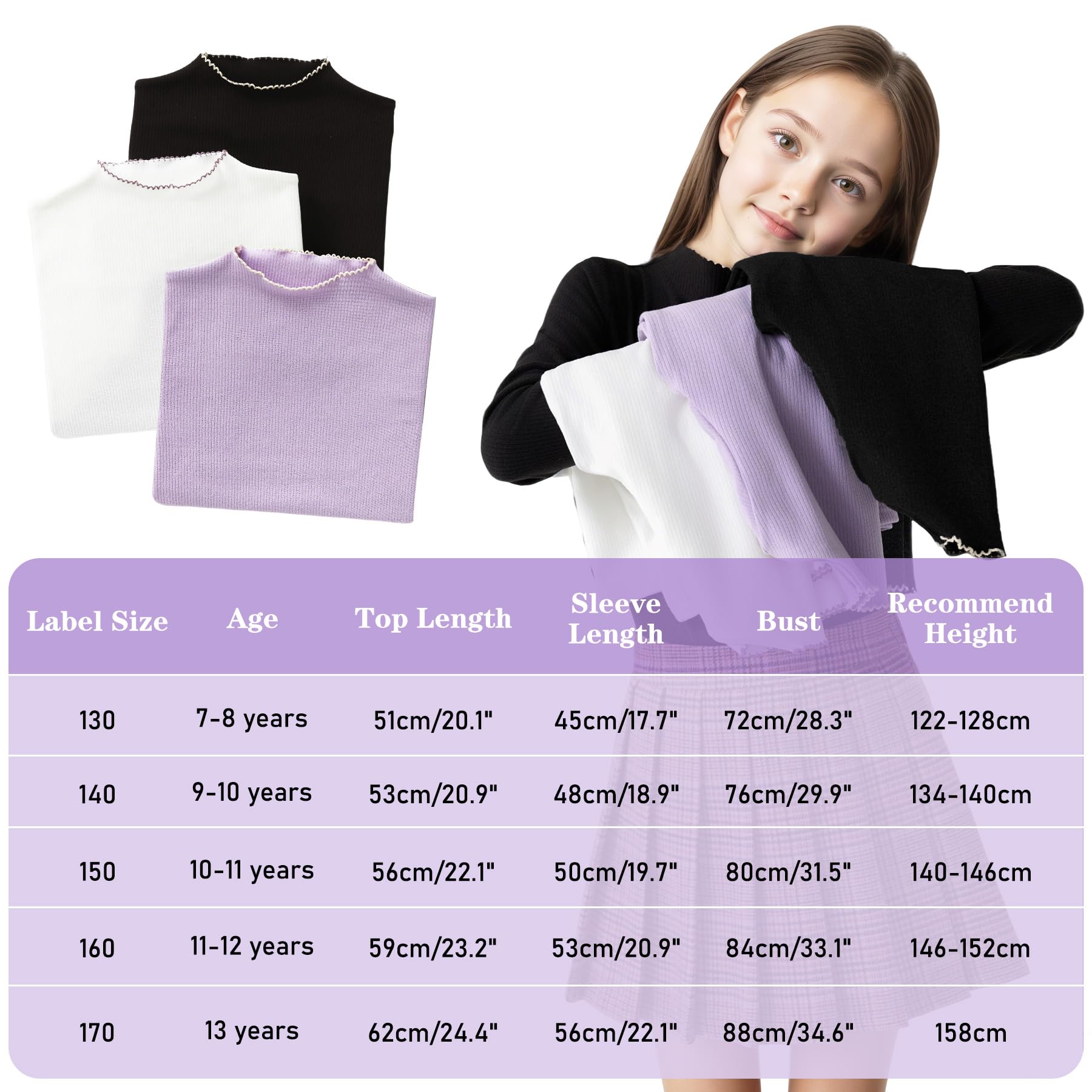 Dziewczęca koszulka termiczna, długi rękaw, ciepła koszulka bazowa, półokrągły dekolt z falbanką slim fit, miękki, swobodny sweter szkolny dla dziewczynek w wieku 7-13 lat