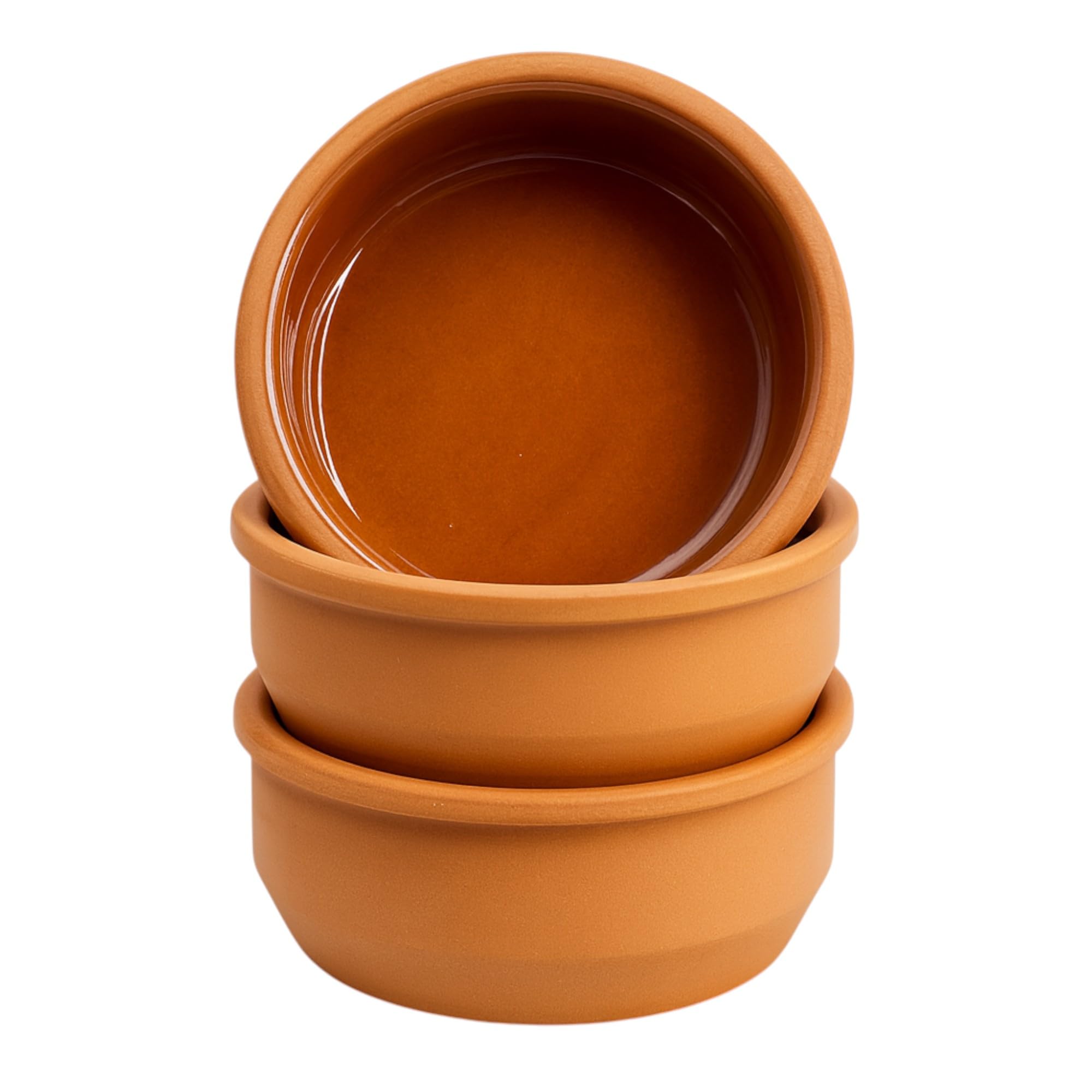 TheOwnas 3pcs Terracotta Tapas Dishes – 12cm, 200ml Natural Terracotta Food Serving Bowls - Ovenproof Glazed Clay Ramekin Set for Cooking, Baking, Tapas, Mezze & Dips.