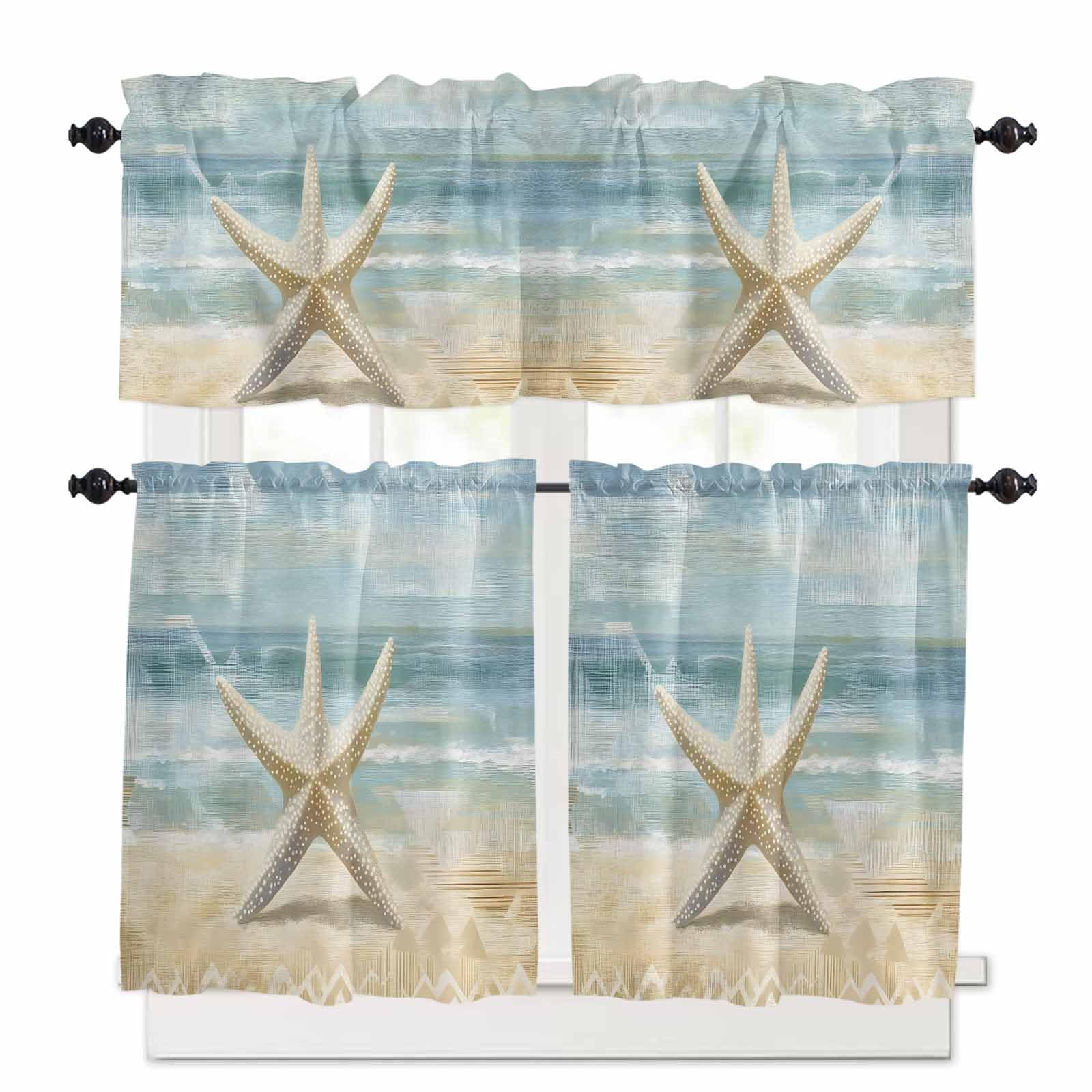 Boho Coastal Beach Kitchen Curtains 24 Inch Length, 3 Piece Rod Pocket Small Half Tiers and Valance Set, Vintage Ocean Wave Starfish Small Large Window Treatment Decor for Bedroom/Bathroom Sink