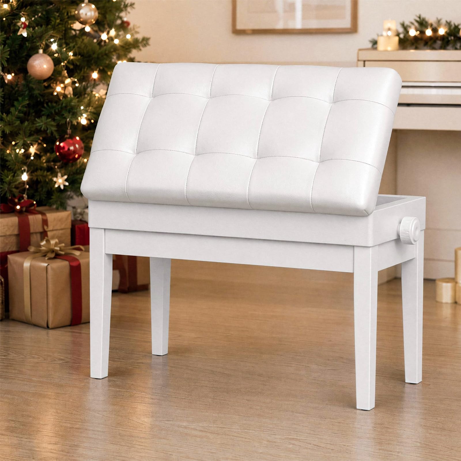 MAMIZO Regulowana wysokość 48-58 cm, ławka fortepianowa 2 osoby z przechowywaniem, krzesło fortepianowe, 4 szt. Nogi fortepianowe z litego drewna, ławka fortepianowa maks. obciążenie 200 kg, biała
