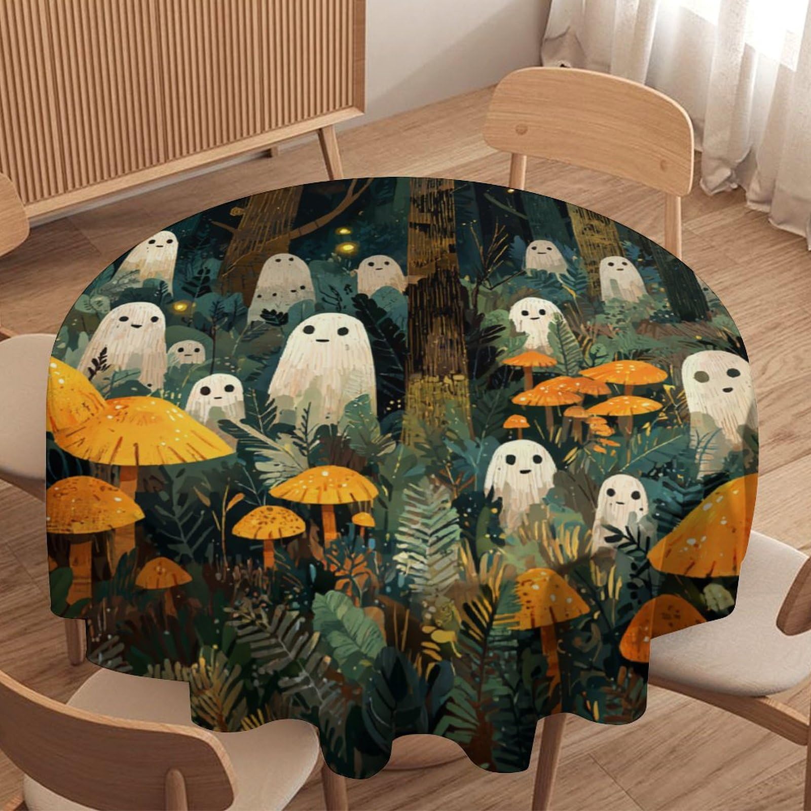 LUYYSKY Beautiful Fantasy Cute Ghost Waterproof Round Tablecloth Rustic Watercolor Mushroom Forest Ghost Pattern Washable Table Cover for Kitchen-127 Wx127 L cm