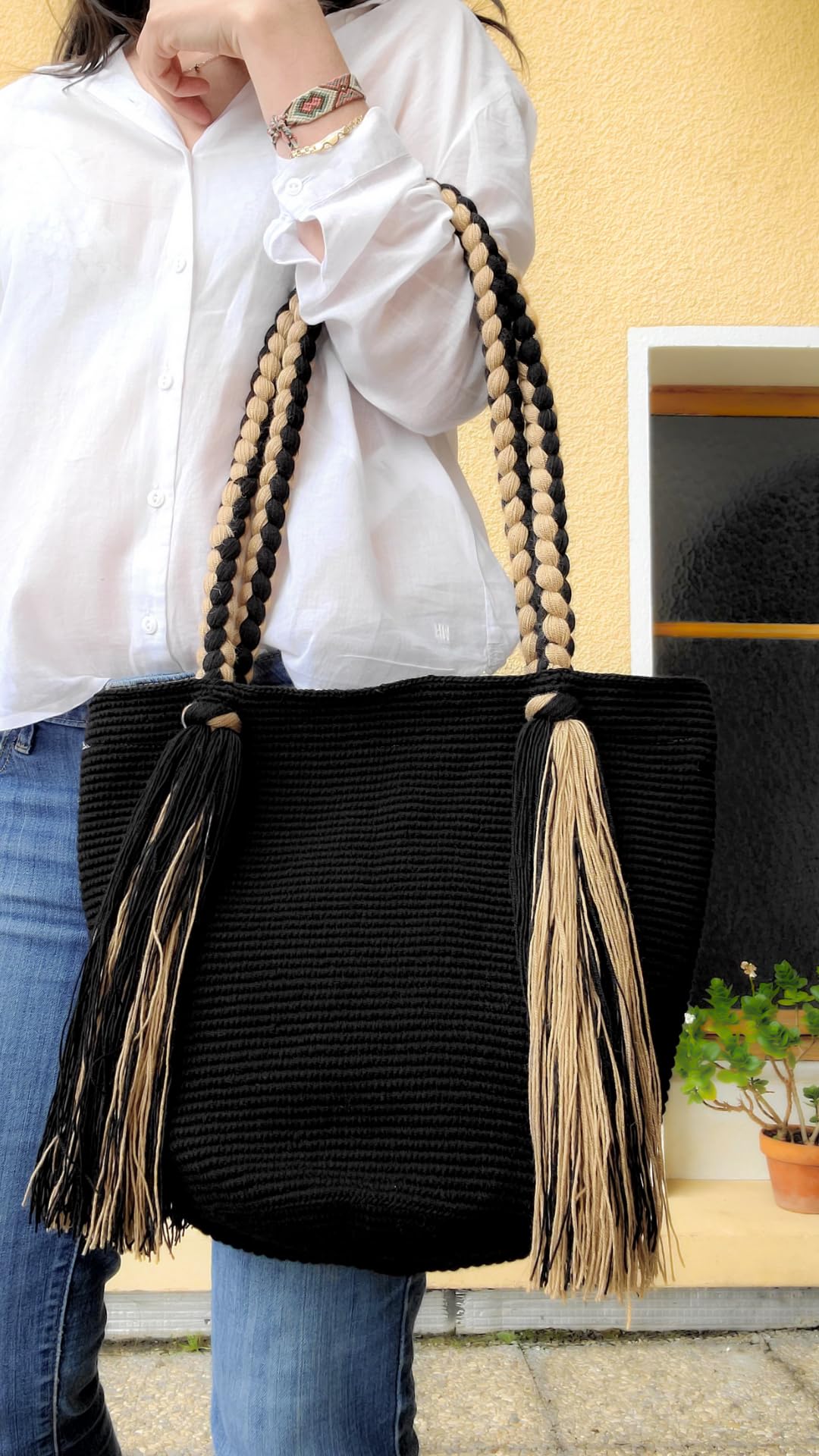 TERRA FUSION Bolso Tote M | Bolso Uni Wayuu | Negro y Beige, Negro , Medium