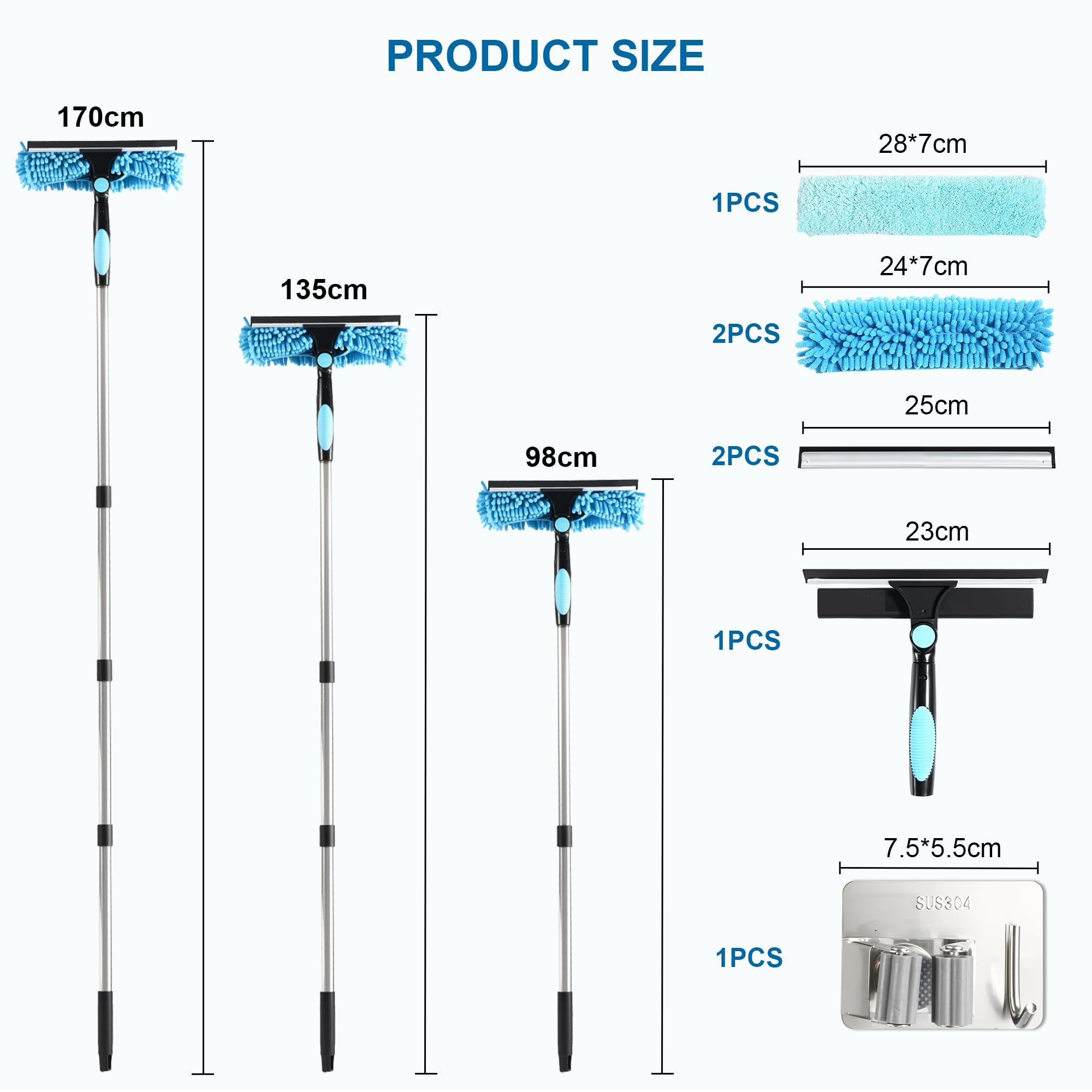 3 en 1 kit Nettoyage vitre 170 cm，Lave vitre telescopiqueavec Manche Long, Mouilleur vitre Professionnel avec Manche Télescopique 4 Sections, pour Fenêtres Hautes, l'Extérieur, Verre，Salle Bain