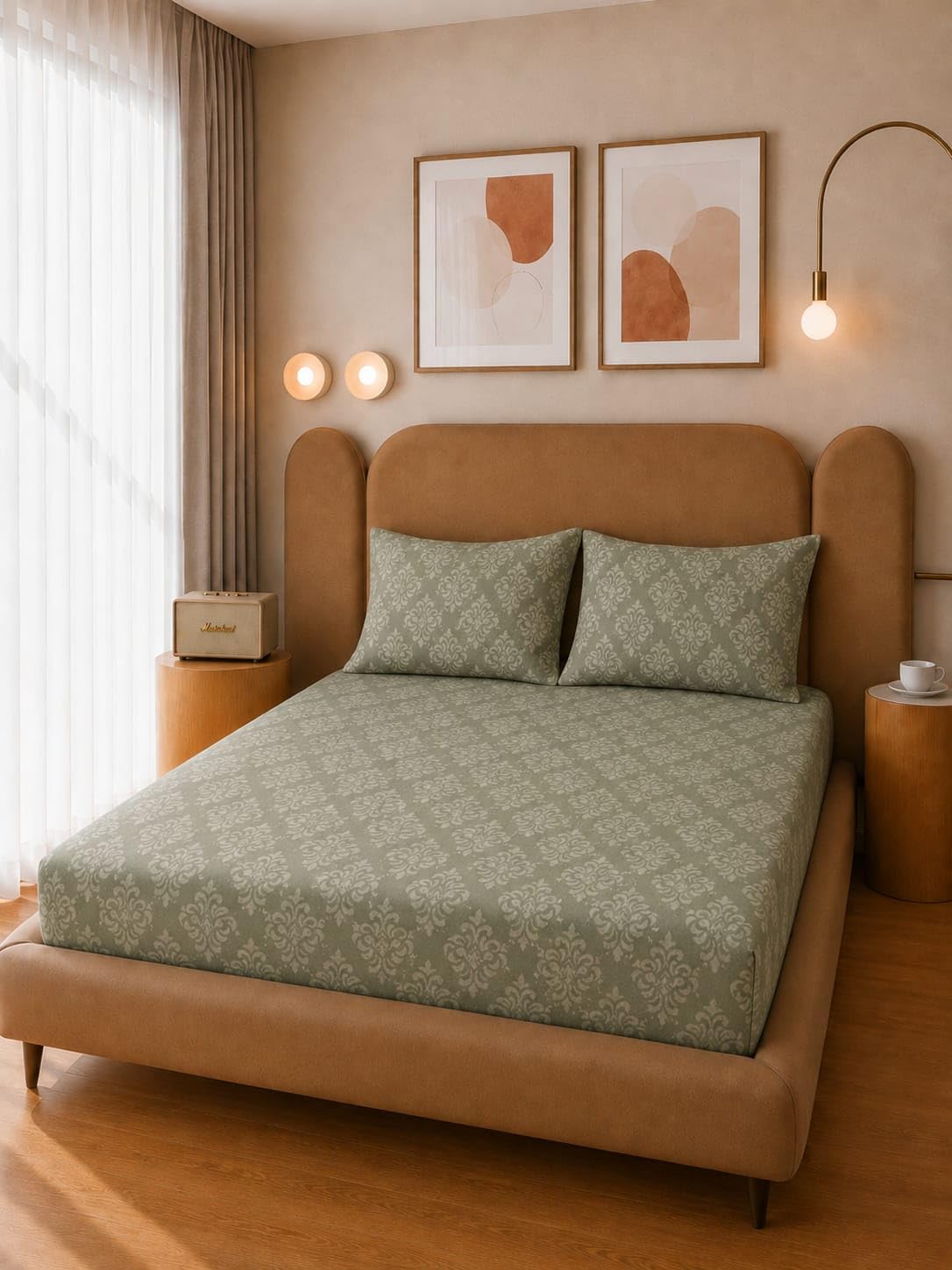 THE HOME STYLE Cotton Feel Glace Cotton Elastic Fitted Printed King Size Double Bed Bedsheet with 2 Pillow Cover Fits Upto 8 Inches Mattress, 300TC (72"x78", Olive Green Barocca)