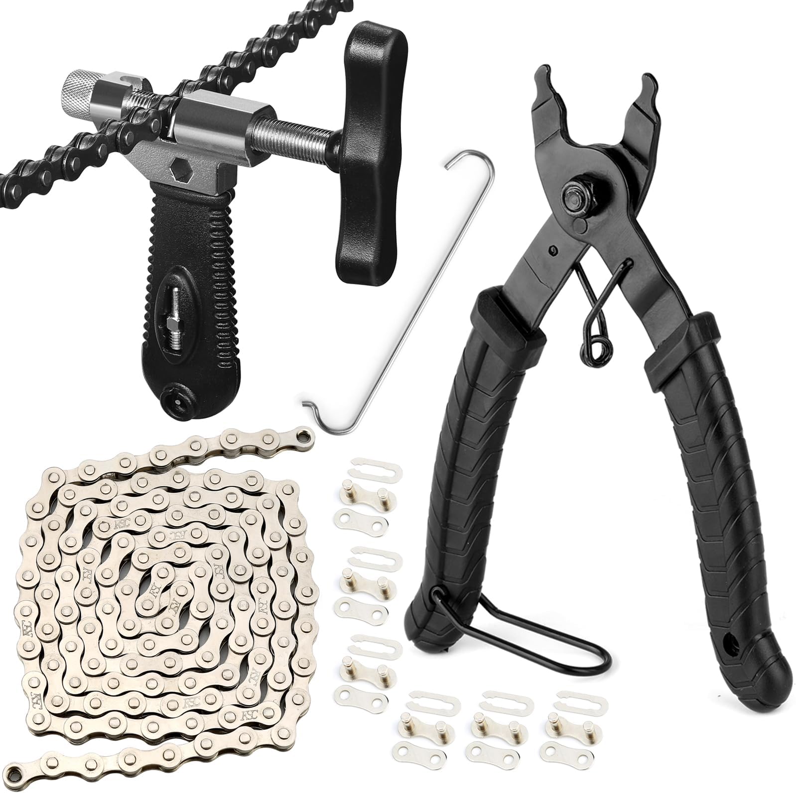 Bike Chain Repair Tool Kit with Single Speed Chain, Chain Breaker with Hook, Bike Link Plier and 6 Pairs Bicycle Buckle for Road Mountain Racing Cycling
