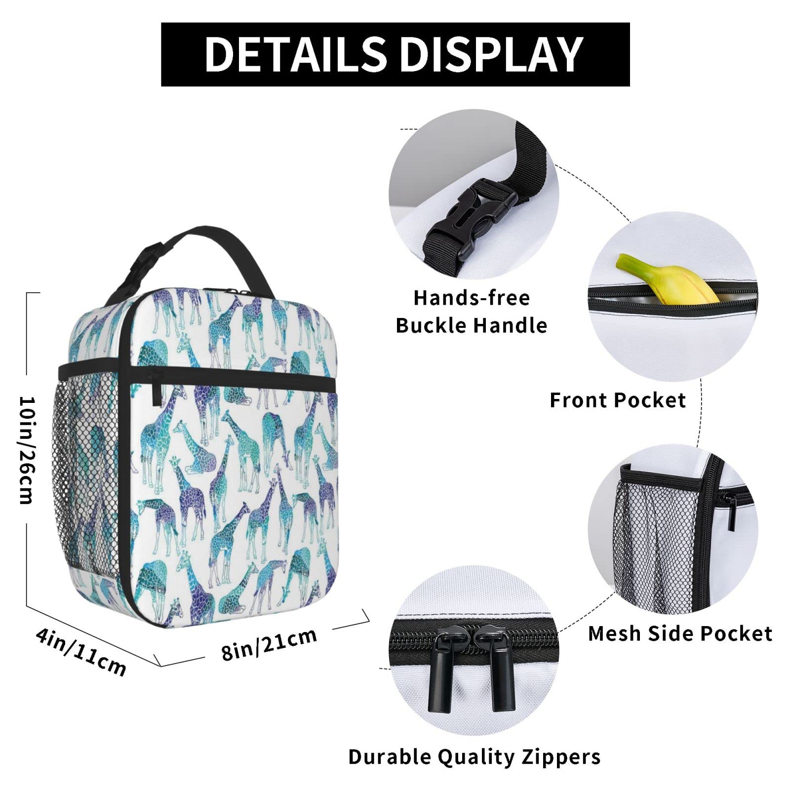Borsa termica per il pranzo con giraffa, unisex, colorata, a prova di