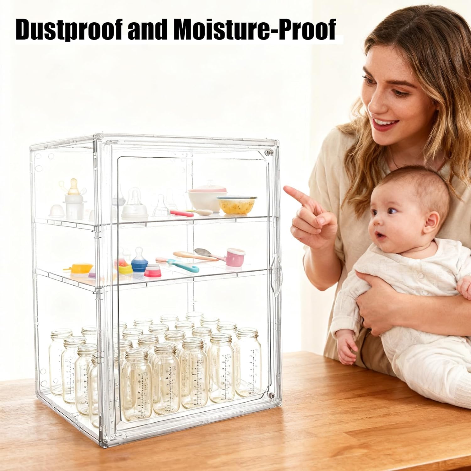 Baby Bottle Organizer, 3 Tiers Adjustable Clear Acrylic Storage Station Case Box Container for Bottles, Pacifiers, Pump Parts, Bottle Organizer Baby for Countertop and Cabinet (M)