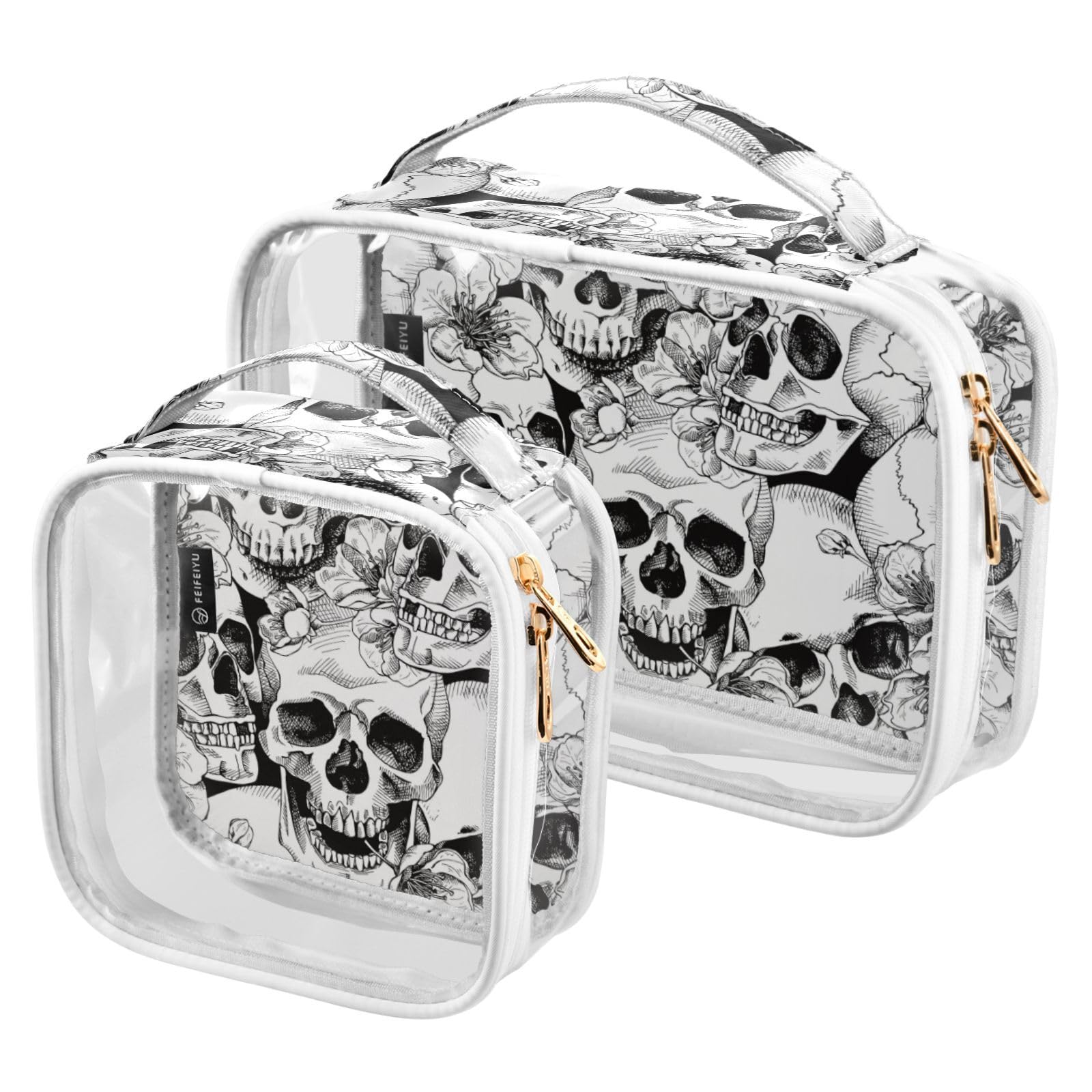 MNSRUU Clear Makeup Bags Skull Floral Toiletry Bag for Women 2 PCS Waterproof Clear Bags Clear Travel Toiletry Bag Small Cosmetic Makeup Bag, Carry on