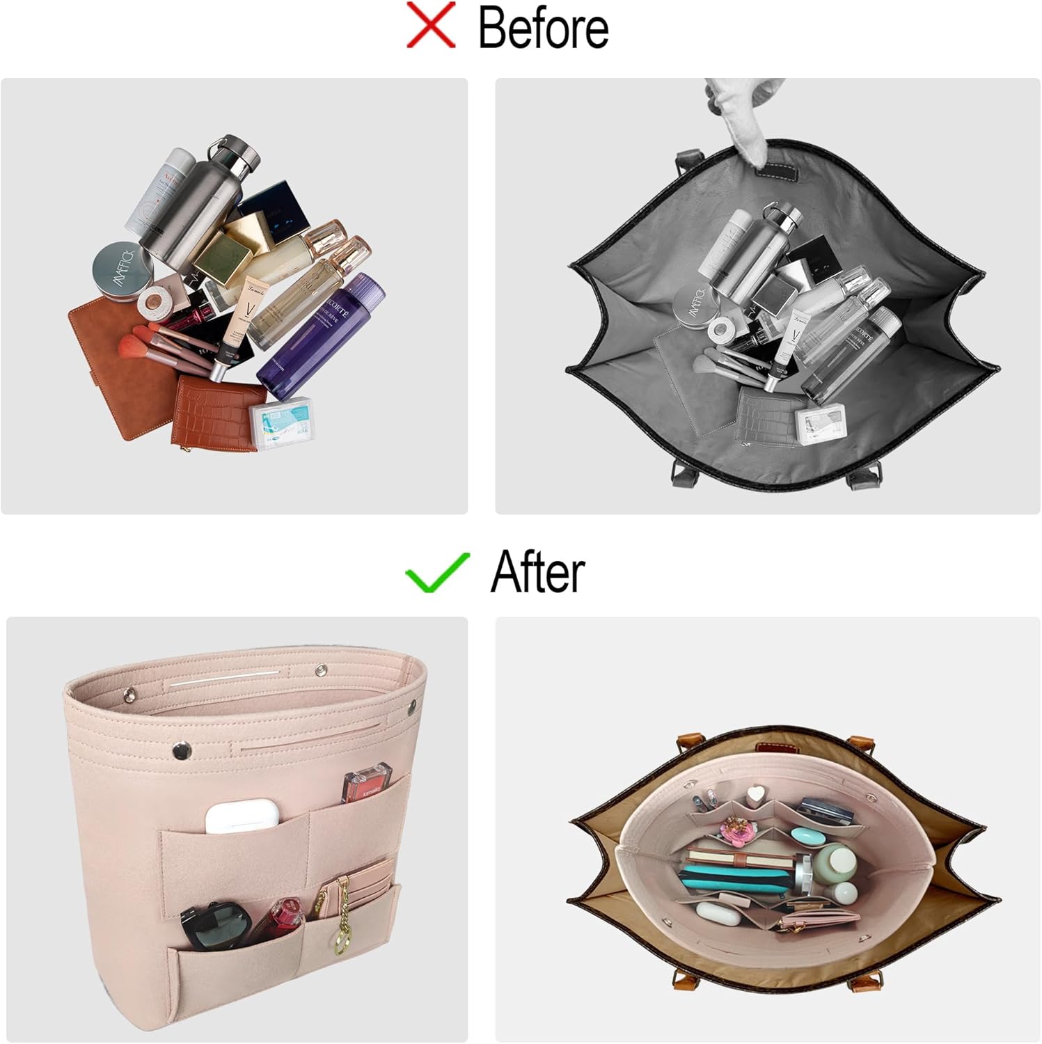 Vercord Extra Tall Felt Bag Organizer Vertical Height Design for Deep Tote and Backpack Bags Cream Beige - Image 7