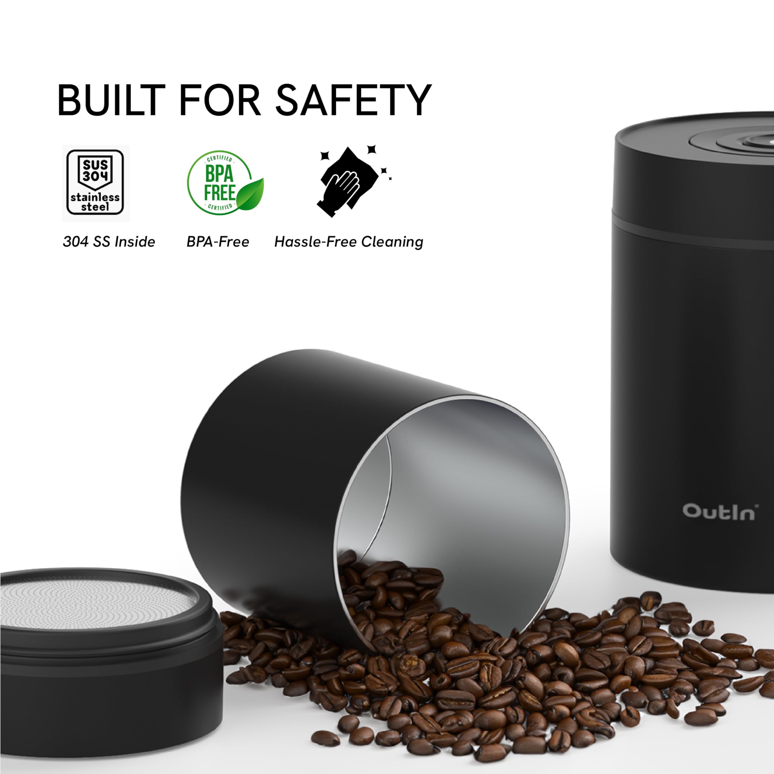 OutIn Casetta elettrica per caffe, contenitore per caffè in acciaio inox, conservazione automatica sottovuoto dei chicchi di caffè, funzionamento con un solo pulsante(500ml nero)