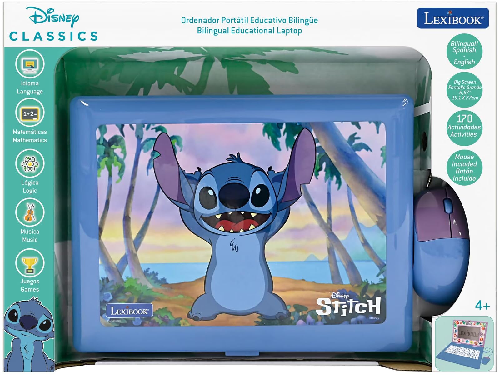 Lexibook, Disney Stitch, Computer educativo bilingue Spagnolo/Inglese, Giocattolo per Bambini, 170 attività per Imparare, Giocare e Musica, Grande Schermo, Blu, JC599Di2