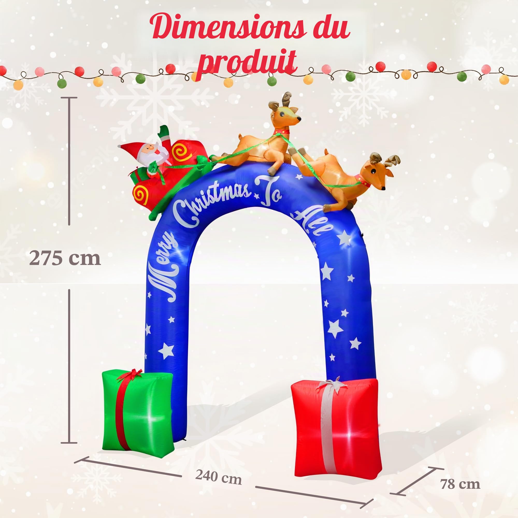 Père Noël Gonflable de 2,7 m Chevauchant Un Renne Avec Arche Cadeau, Décoration Extérieure de Noël