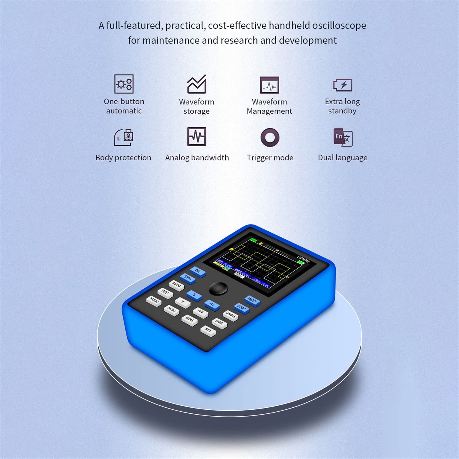 Osciloscopio, DSO1C15 Osciloscopio digital profesional 110MHz ancho de banda analógico 500ms / s Tasa muestreo soporte tasa Almacenamiento