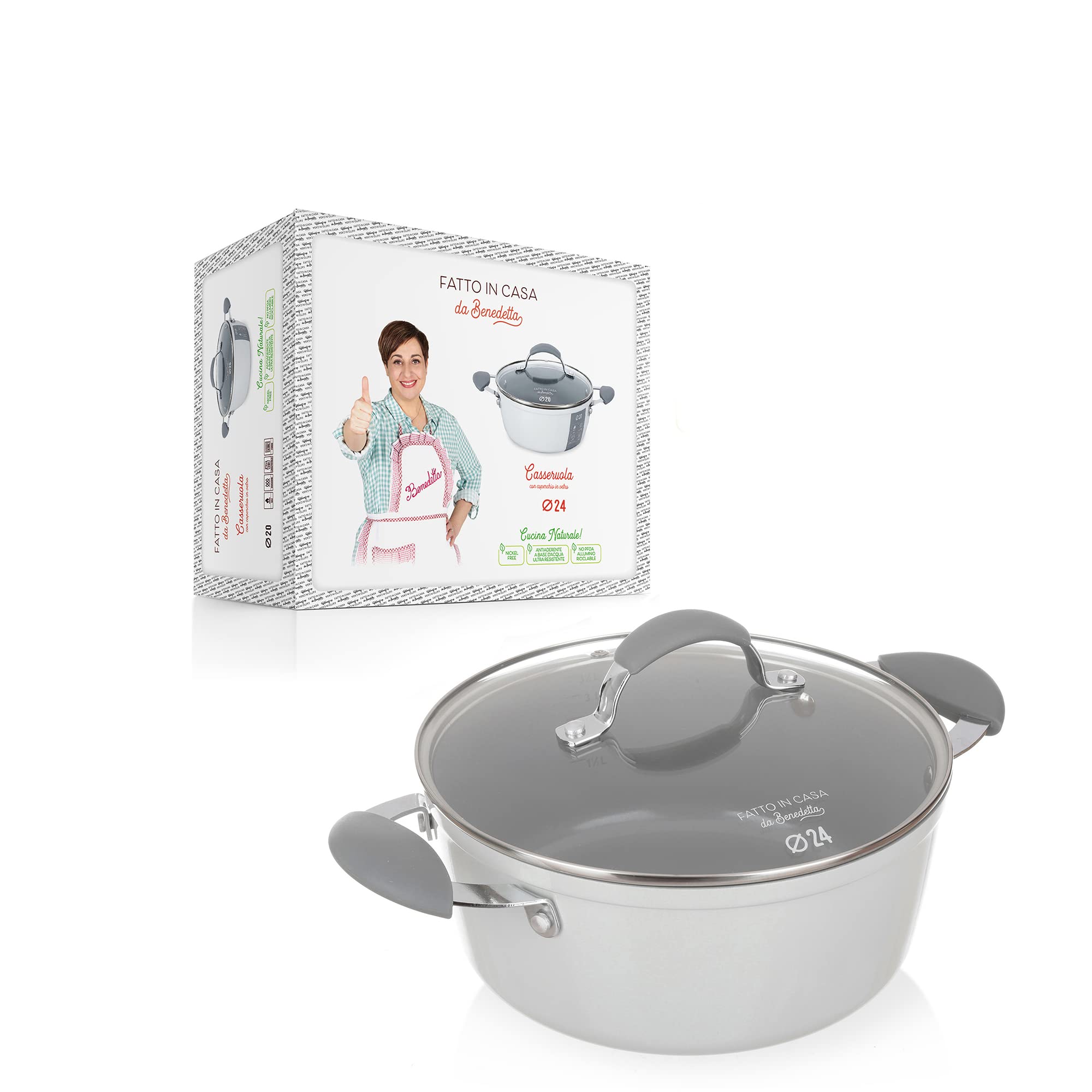 Fatto in Casa da Benedetta Casseruola Antiaderente (Ø 24 cm) in Alluminio 100% riciclabile con Coperchio in Vetro – Adatta anche per Induzione, Non contiene Metalli pesanti (Colore Grigio)