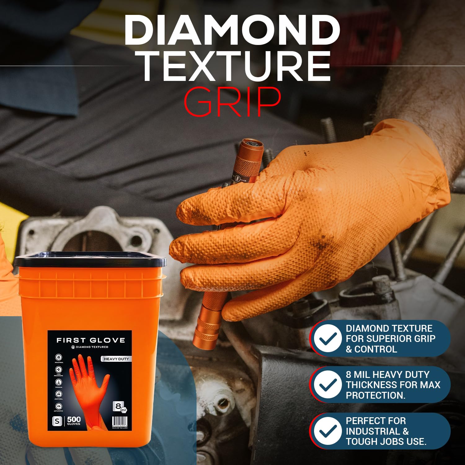 First Glove Guantes de nitrilo con textura de diamante naranja de 8 mil, guantes industriales de nitrilo, sin látex, grandes, 500 unidades