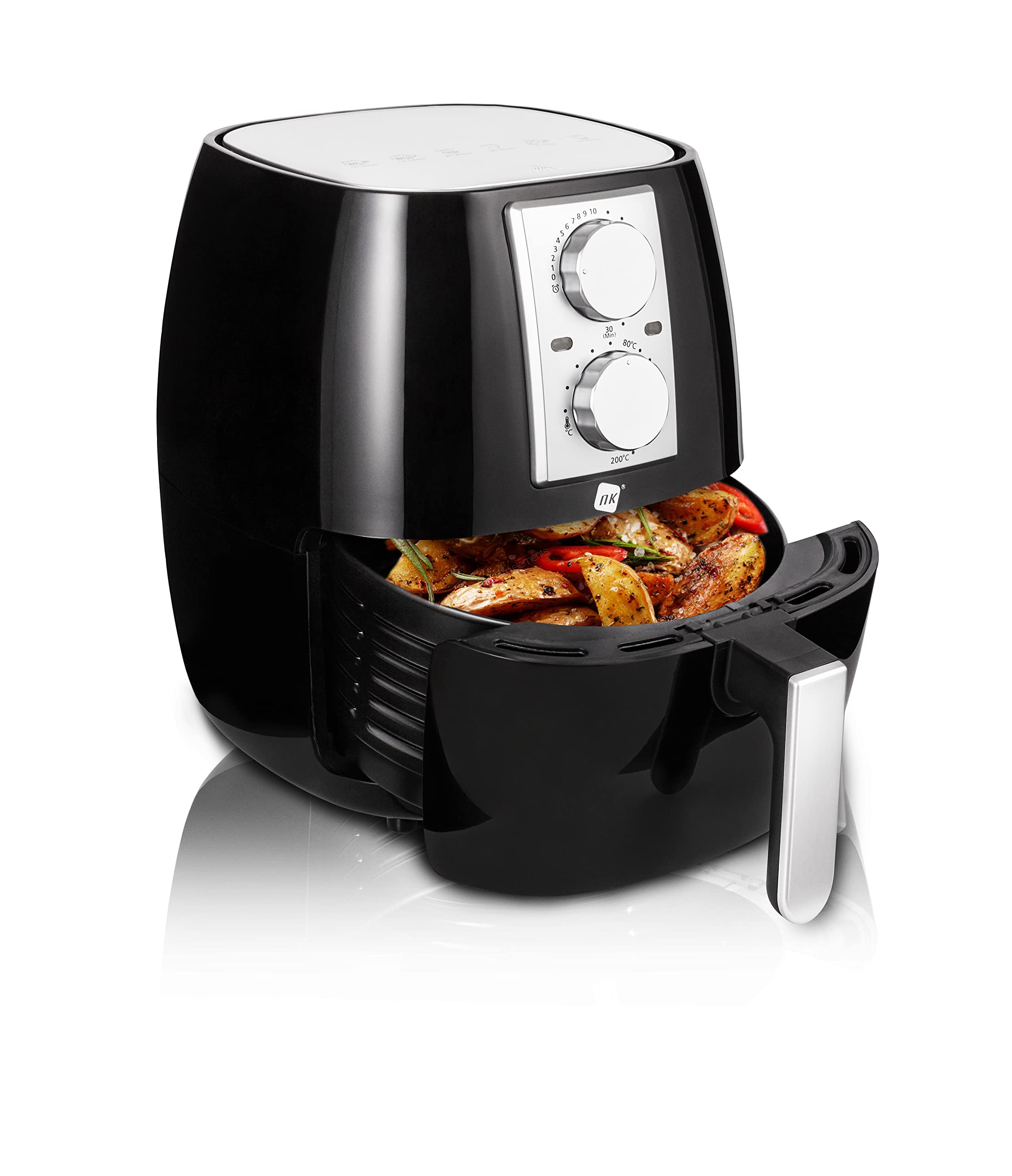 NK Freidora Mecánica sin Aceite 4,5L - Airfryer Caliente XL, Fácil de Usar, 6 Programas, 1500W, Temperatura Regulable hasta 200ºC (Libro de Recetas Digital ESP/EN) - Compatible con Lavavajillas