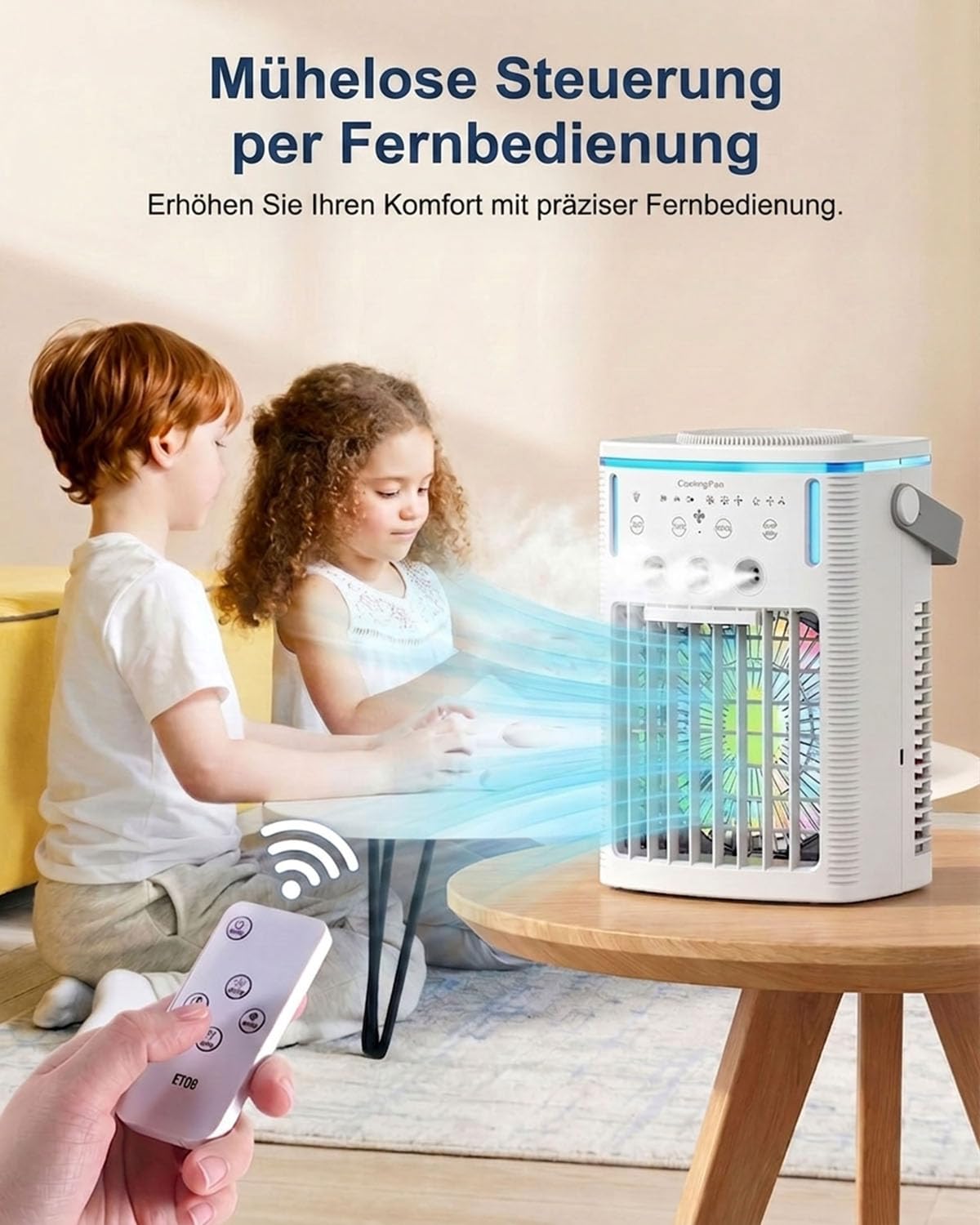 Mobile Klimaanlage, 4-in-1 Mini Klimagerät mit 1000ml Wassertank, 3-in-1 Nebel & 3 Windstufen, Touch & Fernbedienung, 2/4/8h Timer, 7 Farben Nachtlicht, Typ-C, Ideal für Zuhause, Büro, Camping, Auto