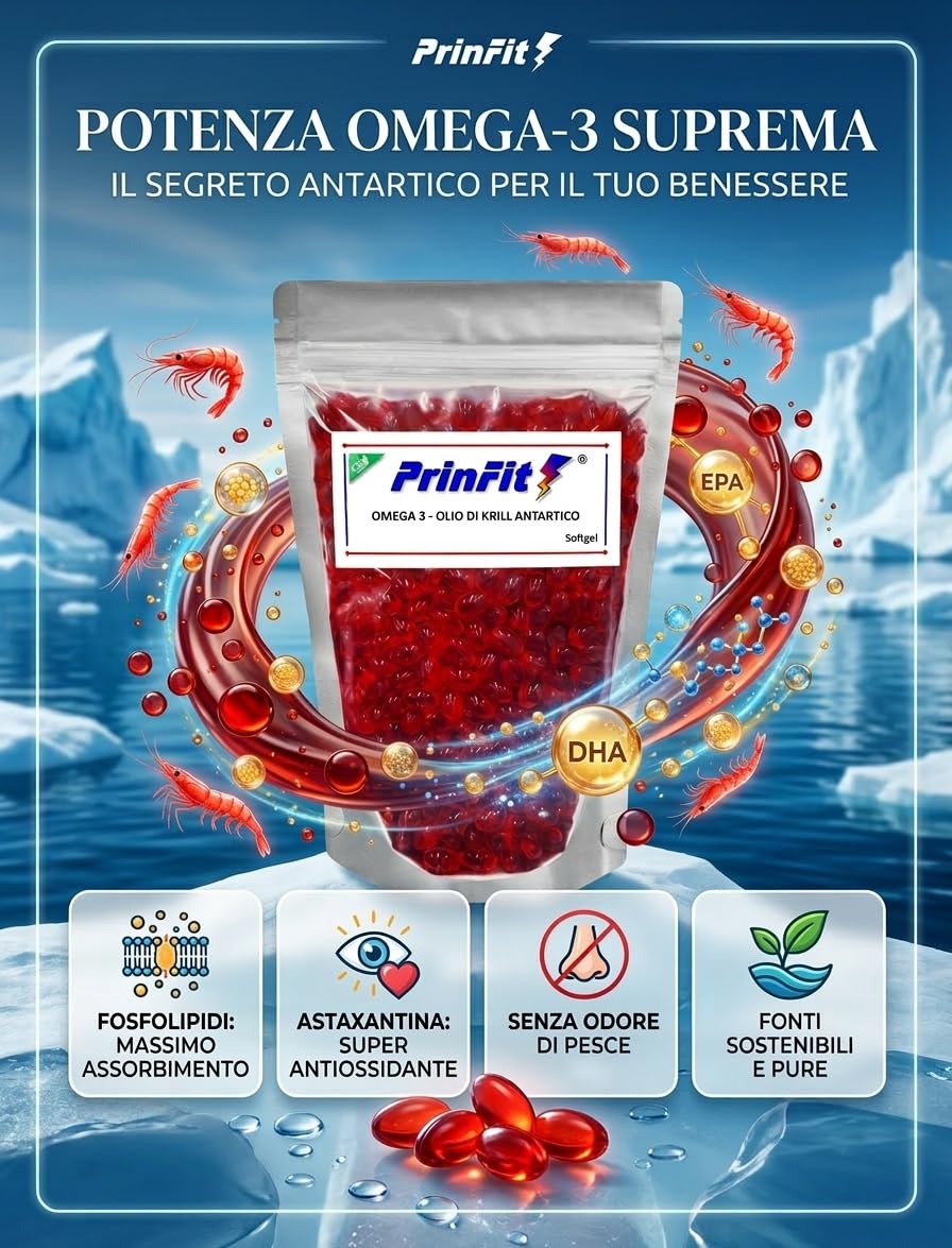 Olio di Krill Omega 3 Puro PrinFit - Ricco di Omega-3 EPA e DHA | Fonte di Fosfolipidi Marini e Astaxantina | Krill Oil 100% Naturale- Senza Retrogusto | 100 Capsule molli (softgels)