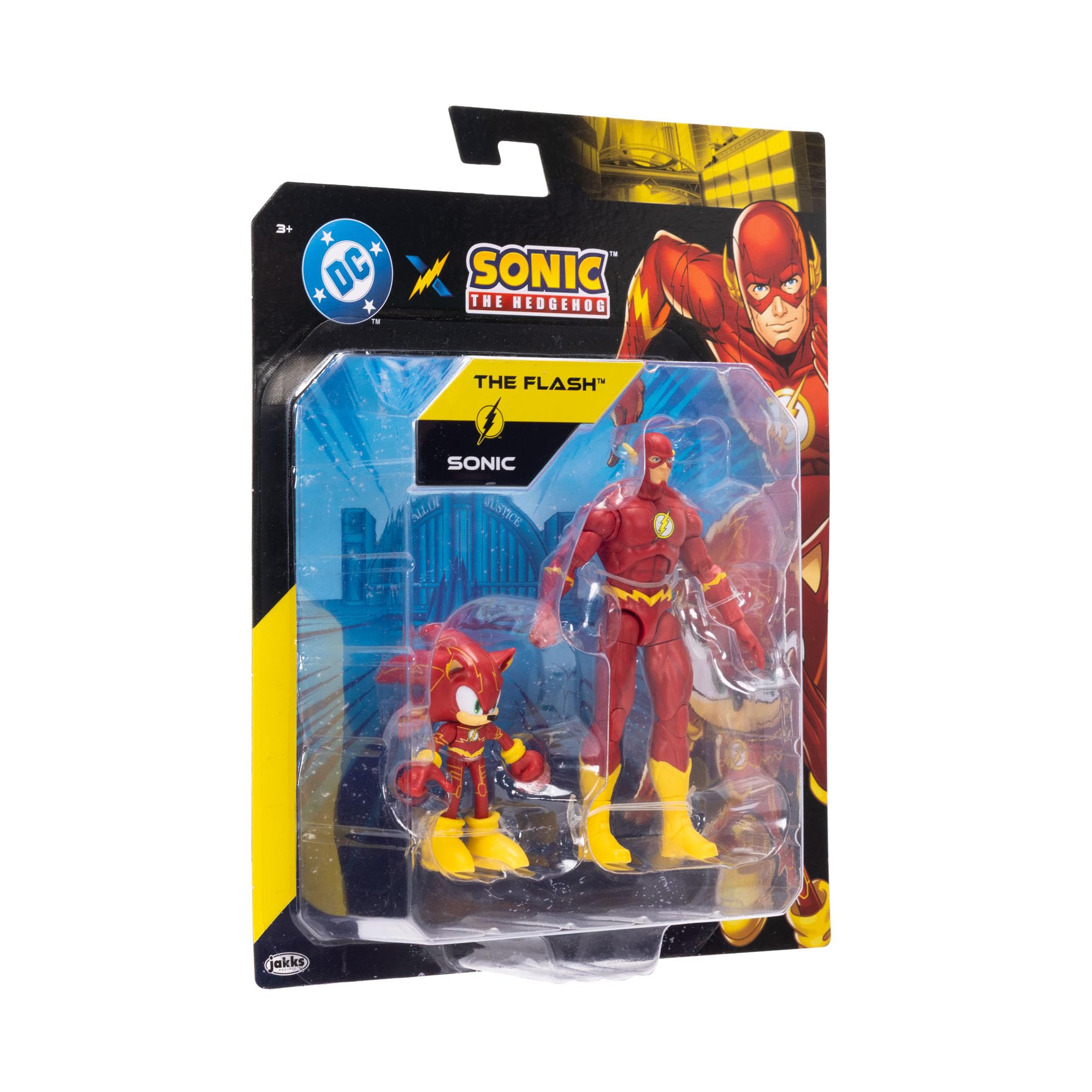 Zestaw figurek akcji DC x Sonic the Hedgehog i Flash, oficjalna licencja Jakks Pacific, zawiera klasyczne figurki akcji o wymiarach 2,5" i 5", przedmioty kolekcjonerskie Sonic x DC
