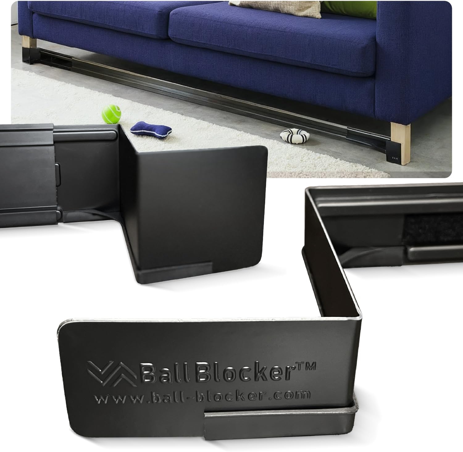 Under The Couch Blocker - Made in The USA - Adjustable Furniture Gap Blocker 2–6 Ft Length, No-Tool Install - Stops Toys & Pet Balls from Rolling Under Couch - Black (4")