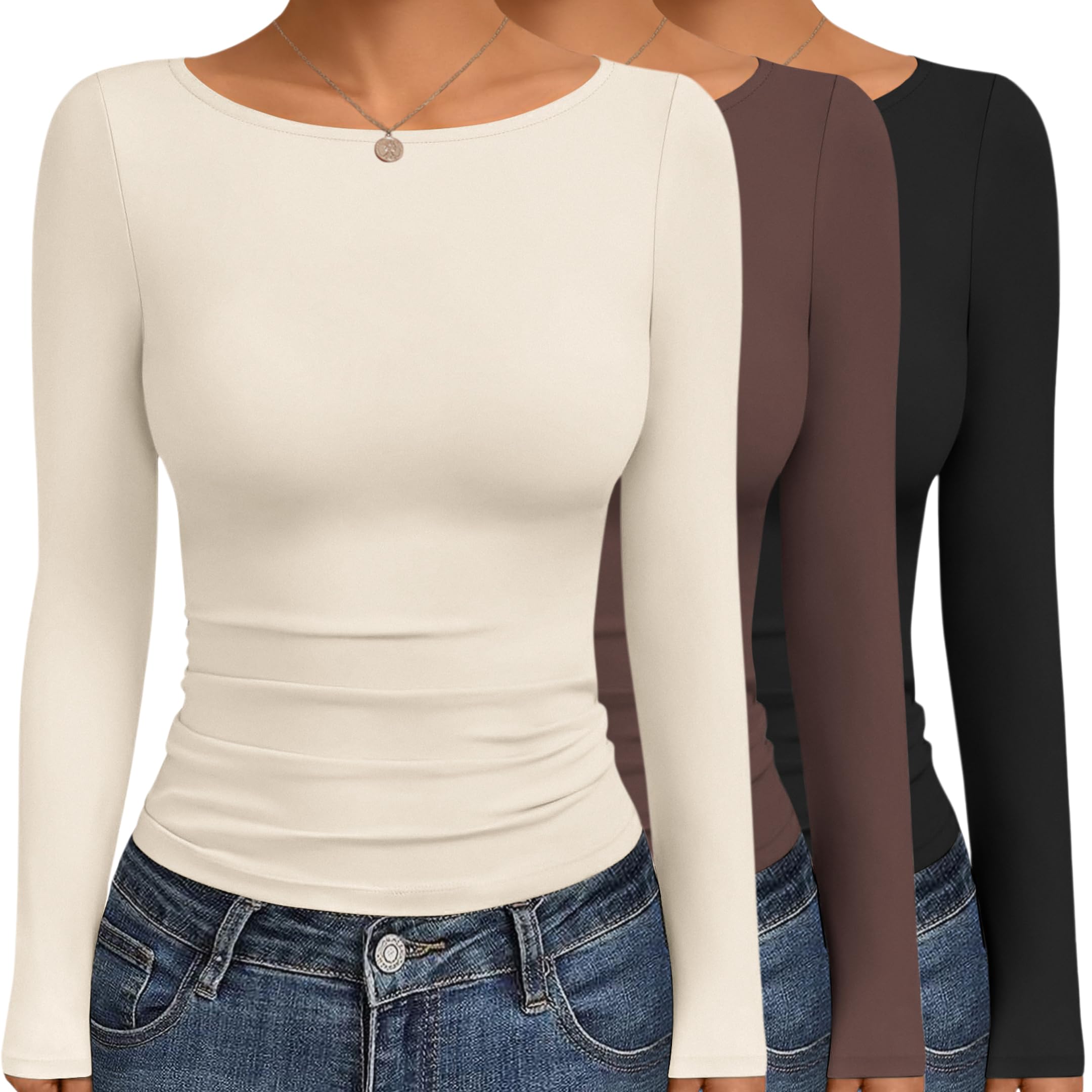Ekouaer Womens Boat Neck Tops 3 Packs Long Sleeve Shirts Ruched Fall Fashion 2025 Outfits Basic Thermal Underscrubs