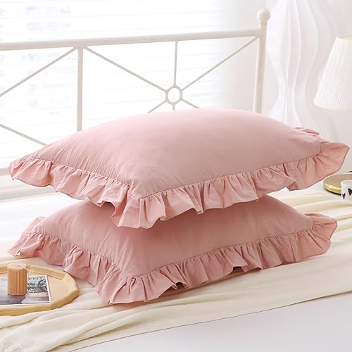 Miniatura 6 de Mywinlle Juego de 2 fundas de almohada con volantes, fundas de almohada de algodón lavado, 20 x 26 pulgadas