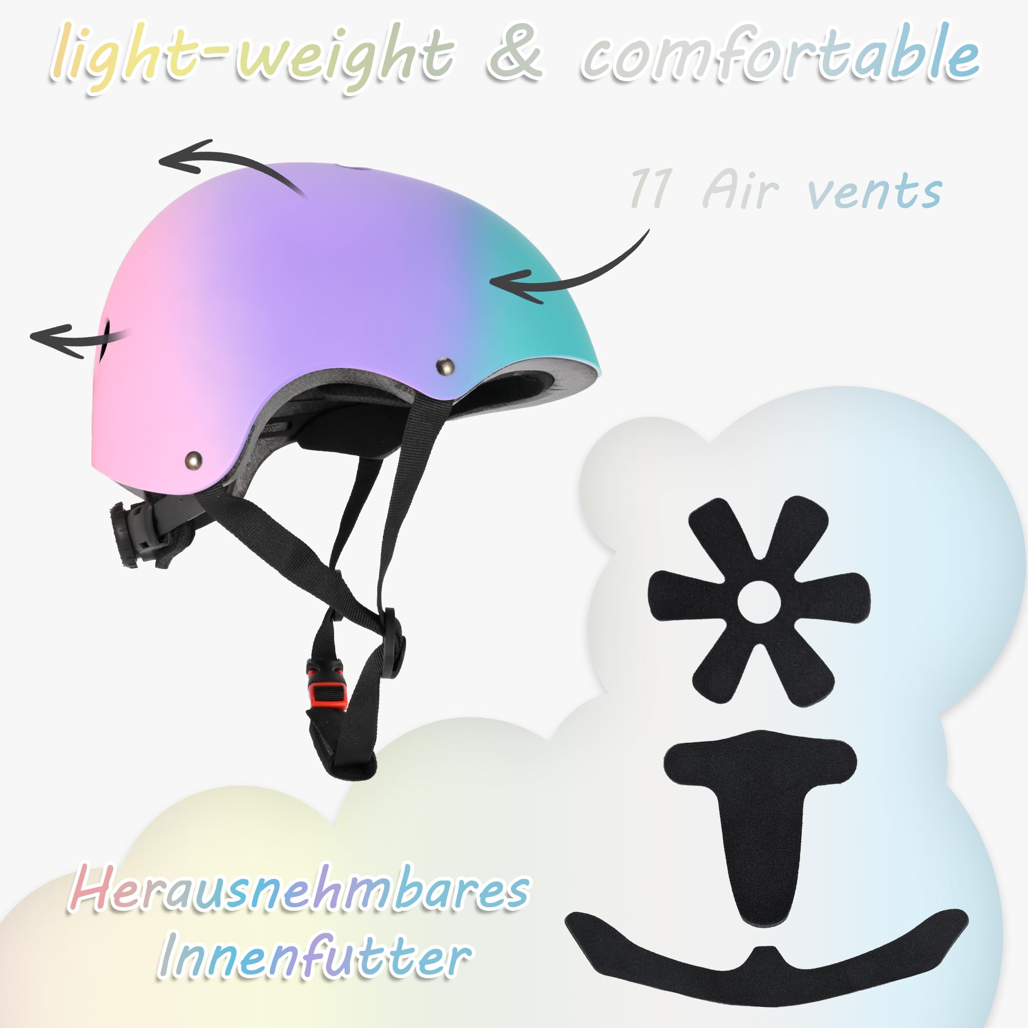 Casco per bambini regolabile, casco da bicicletta per bambini resistente agli urti e agli impatti, 11 prese d'aria, imbottitura in schiuma