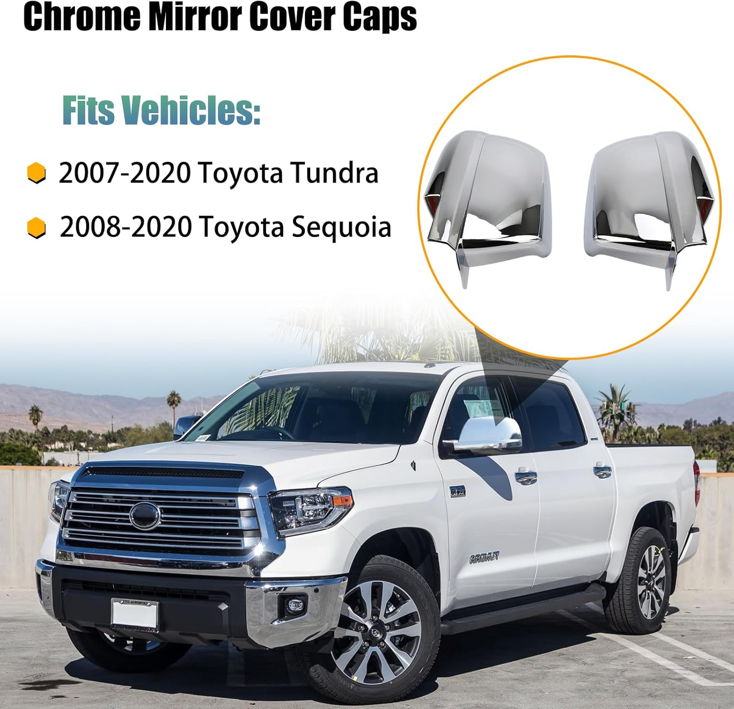 AUCERAMIC Chrome Plated Mirror Covers Trims for 2007-2021 Toyota Tundra for 2007-2020 Toyota Sequoia Side View Full Mirror Back Caps