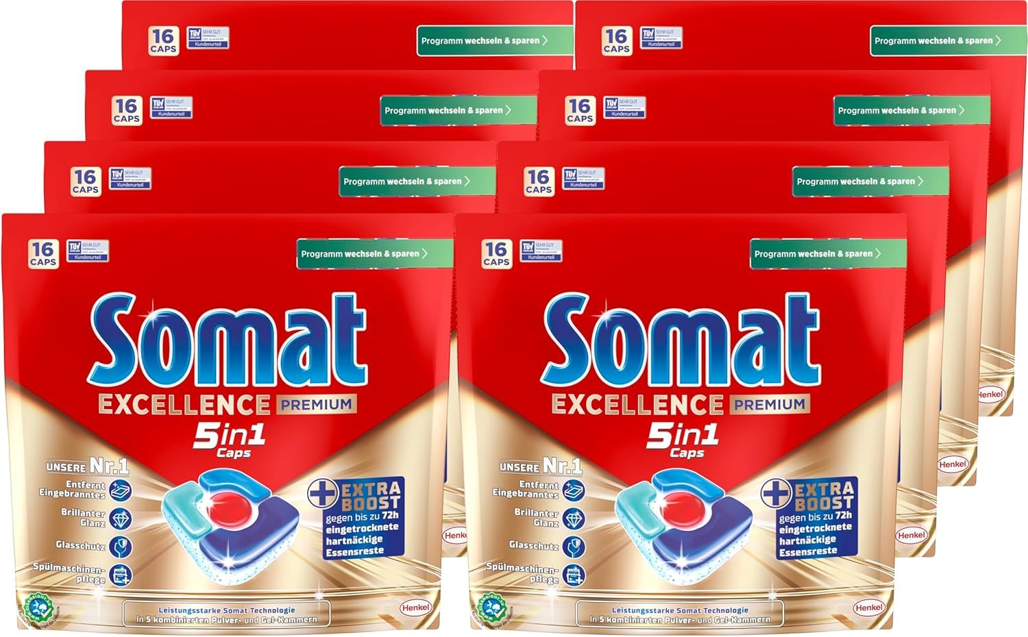 SOMAT Excellence Premium 5in1 Caps(8x16 AW), schnellauflösende Spülmaschinentabs mit Extra Boost auch im Niedrigtemperatur-, Kurz- & Eco-Programm, entfernen selbst 72 h eingetrocknete Essensreste