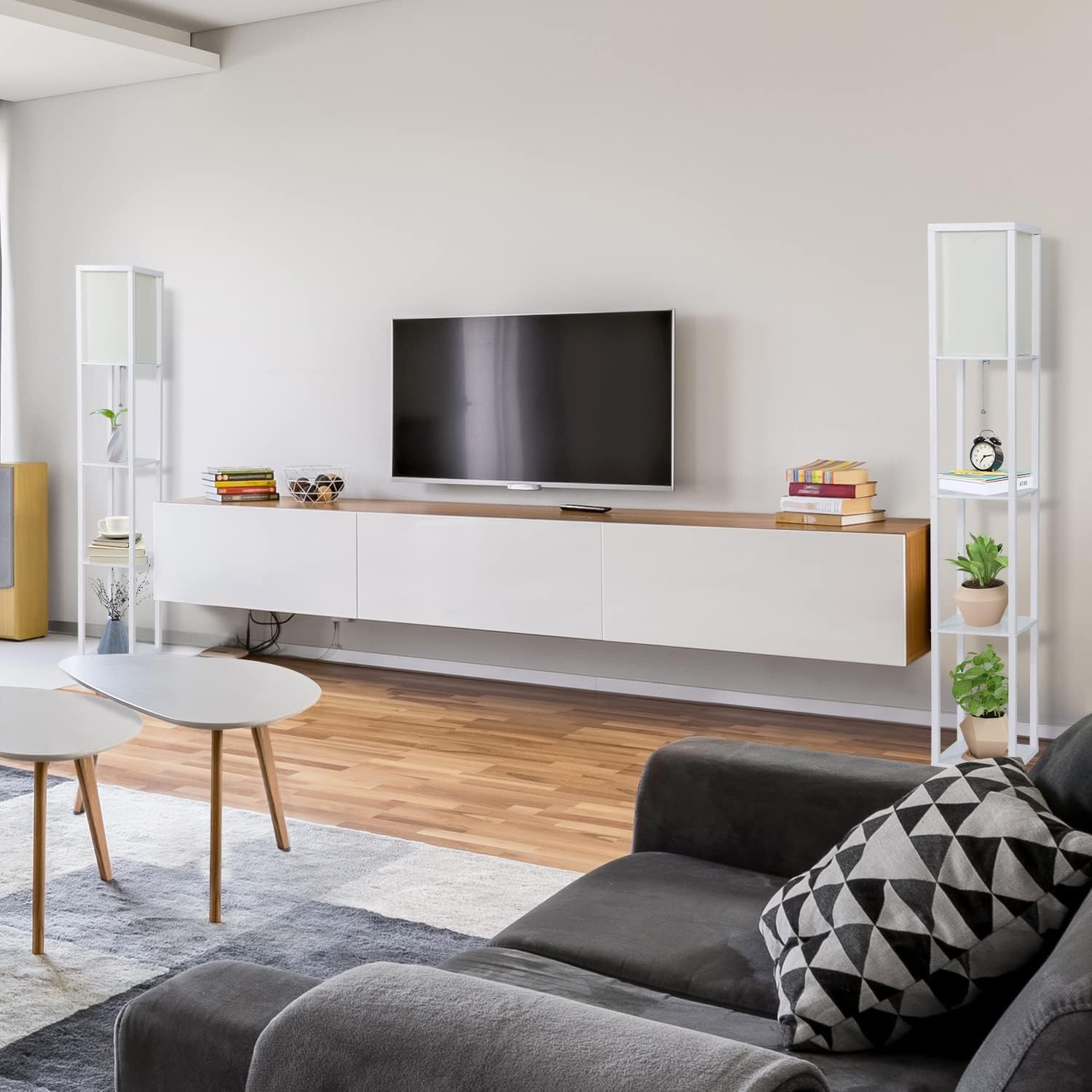 YU YUSING Lampada da Terra con Scaffale in Legno, Piantana con 3 Ripiani