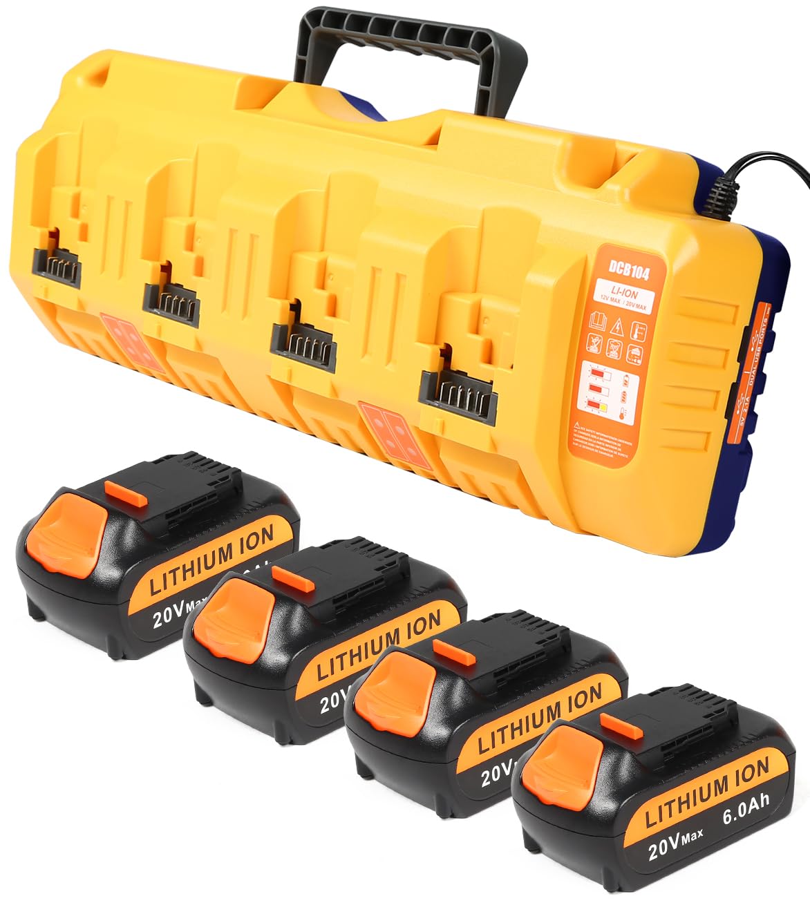 Replacement for Dewalt 20V Battery Charger Station DCB104 Battery Charger Kit with 4 Pack Batteries Compatible with Dewalt 20V Power Tools Repalcement for Dewalt 20V Battery UNTESTED