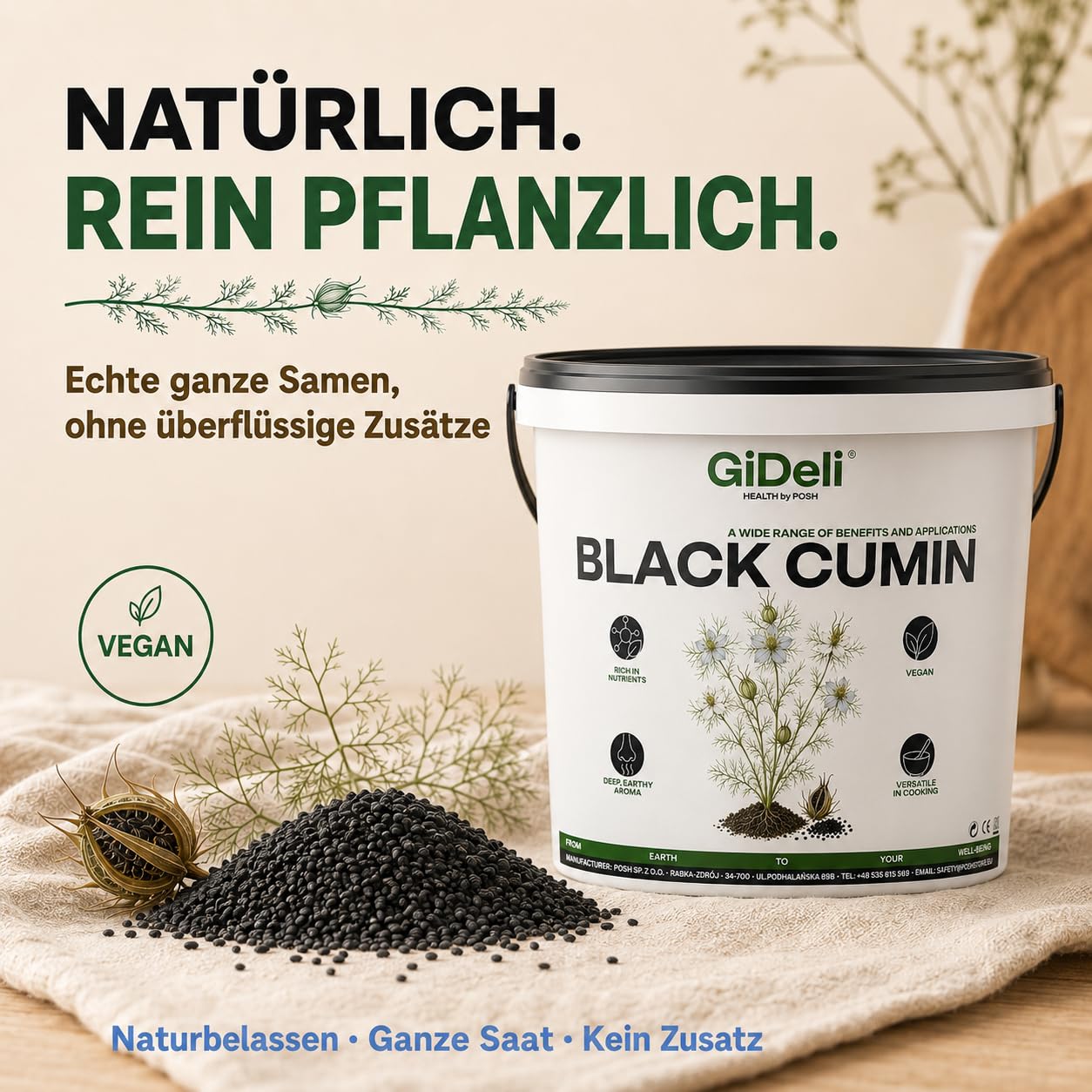 GiDeli Semi di Cumino Nero 10kg - Vera Nigella Sativa Intera dalla - Aroma Profondo e Terroso, Accuratamente Selezionato - Semi di Nigella Freschi Vegani per Pane, Insalate, Yogurt e Tisana