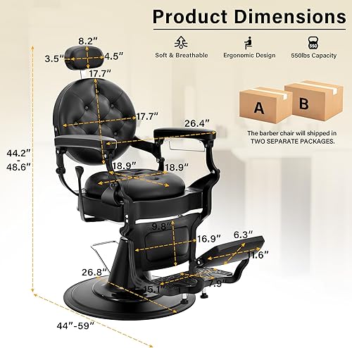 Miniatura 2 de Silla de peluquería resistente para peluquería, silla reclinable negra para estilista, giratoria de 360°, reposapiés y reposacabezas ajustables