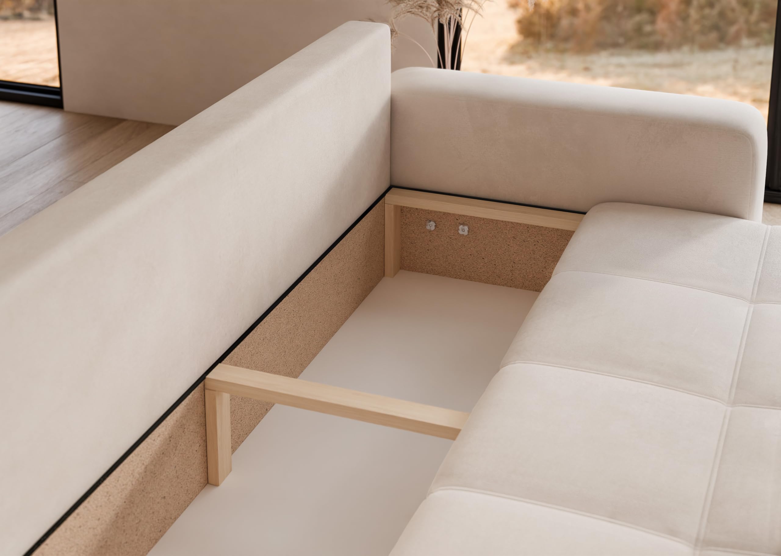 93x244 Sofa mit Schlaffunktion (125x200) und Bettkasten (Massivholz + MDF) mit dekorativen Nähten auf der Sitzfläche